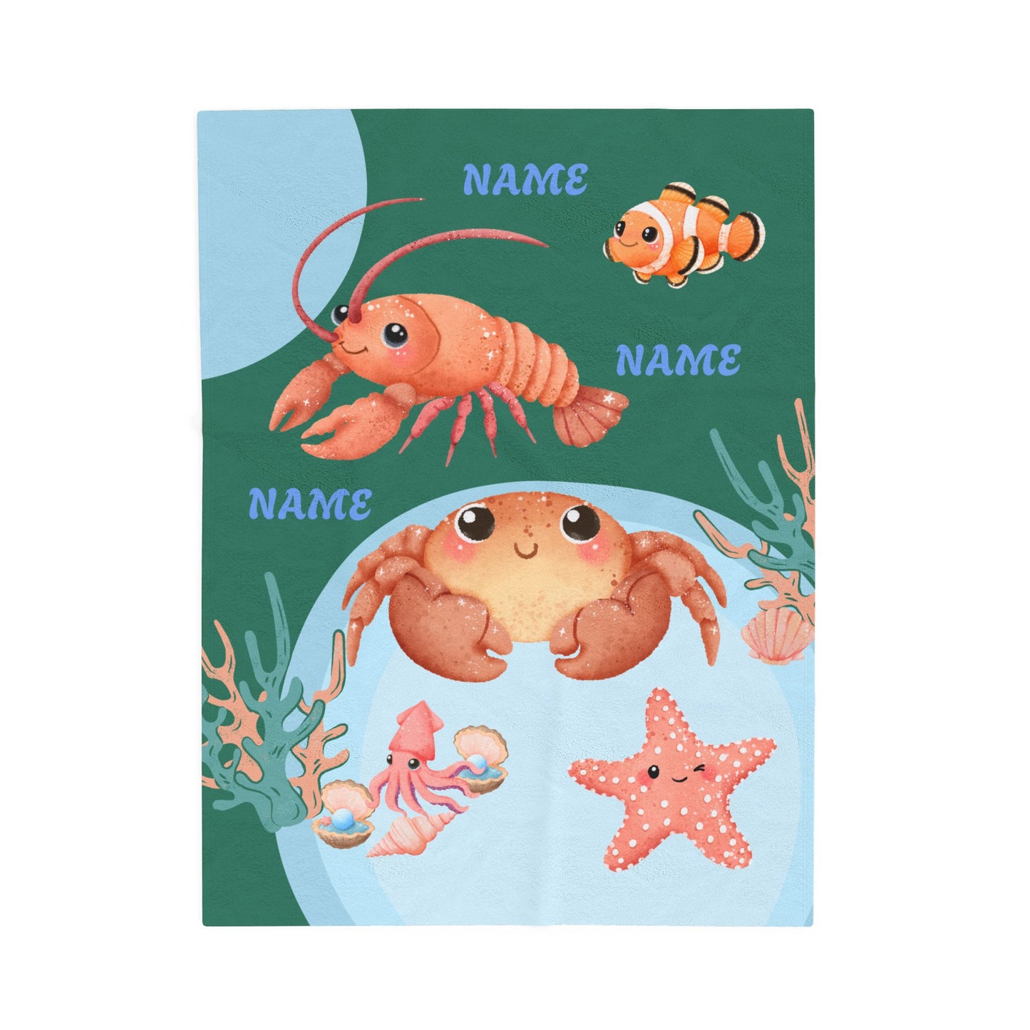 Personalized Ocean-Themed Velveteen Plush Blanket, Kids Beach Decor, Custom Name Gift, Nursery Room Accessories, Sea Life Throw