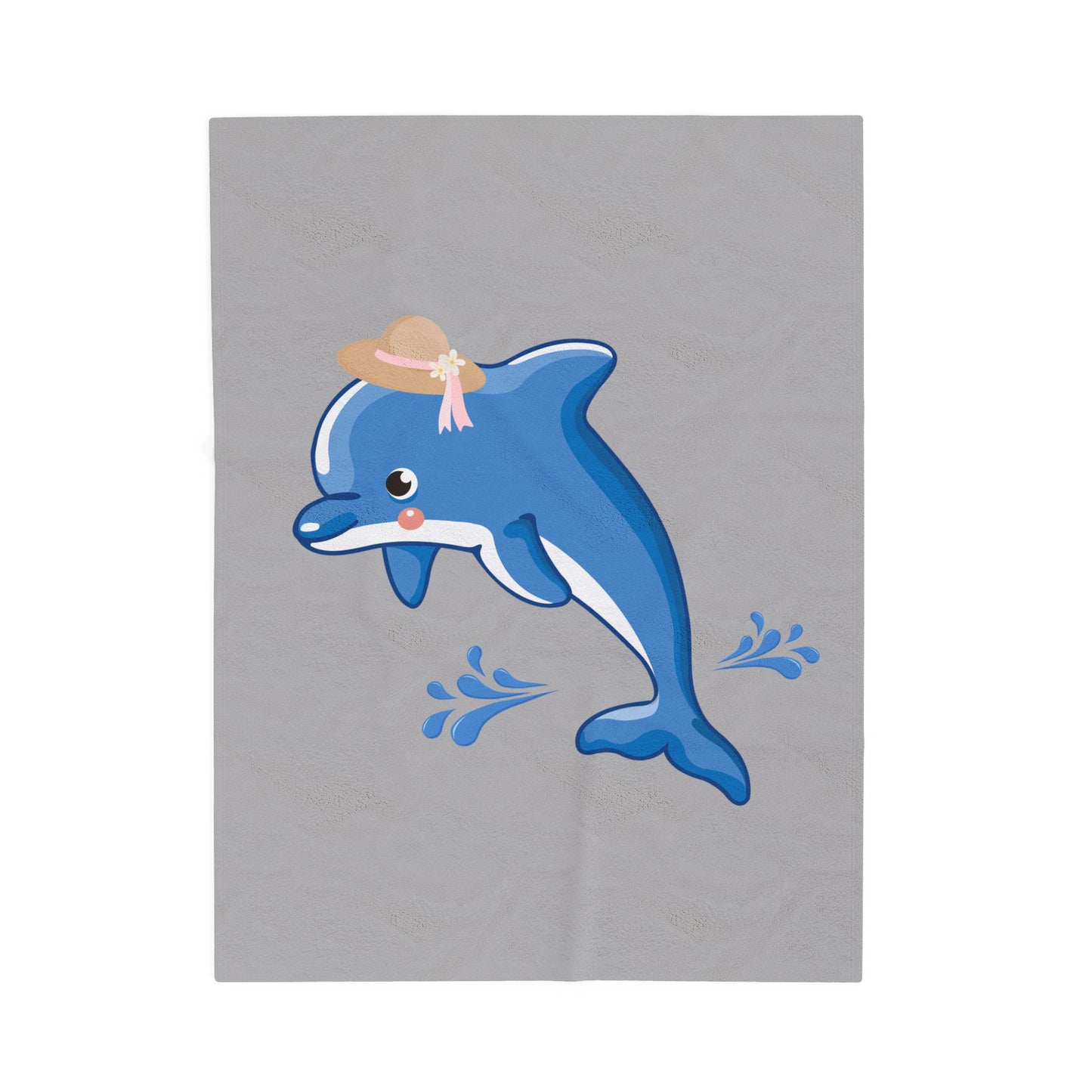 Dolphin wearing a straw hat with stylized water splashes Velveteen Plush Blanket