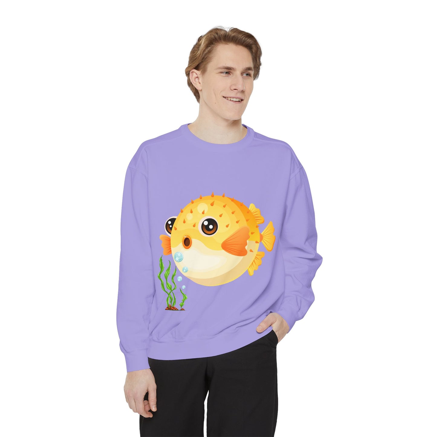 Cartoon Pufferfish with seaweed Unisex Garment-Dyed Sweatshirt