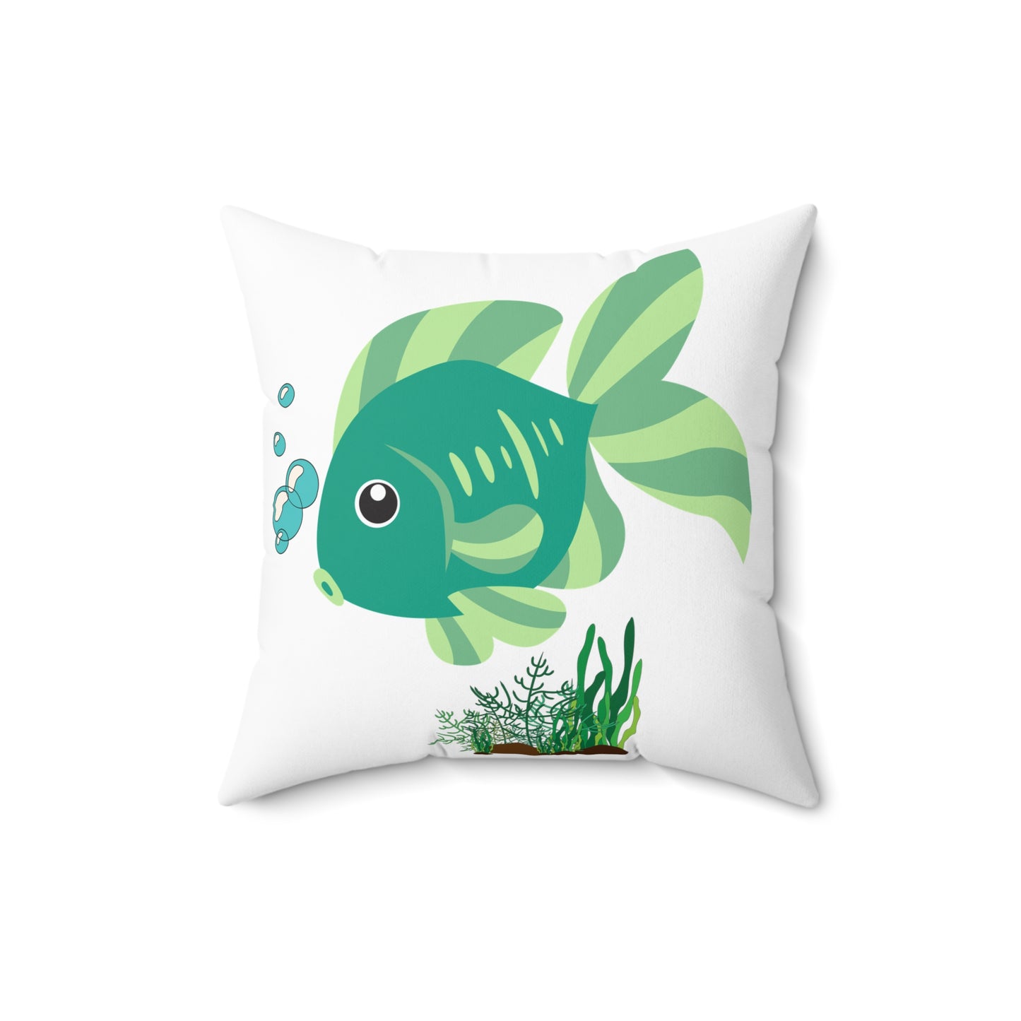Green fish with bubbles and aquatic plants Spun Polyester Square Pillow