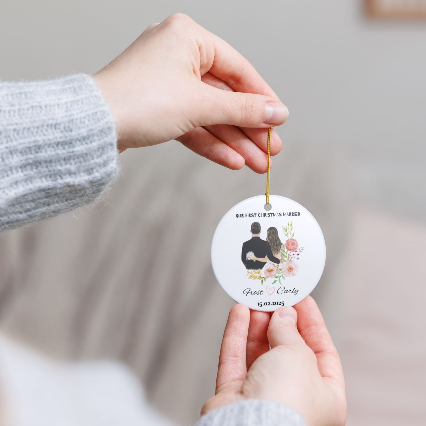 Personalized Wedding Ornament, First Christmas Married Decoration, Newlywed Gift, Couple Keepsake, Floral Holiday Decor