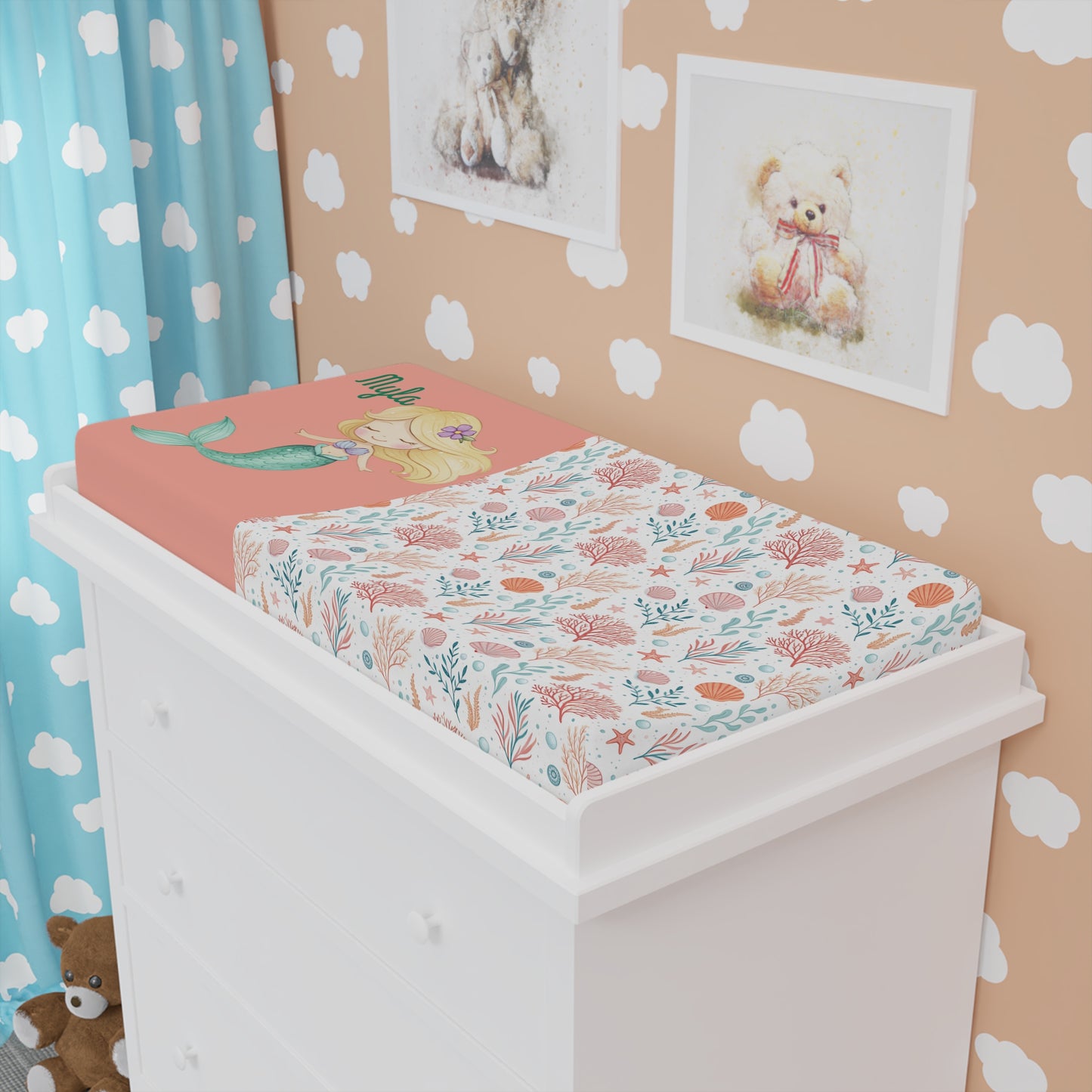Mermaid Coral Baby Changing Pad Cover — Floral Sea Life Nursery Decor