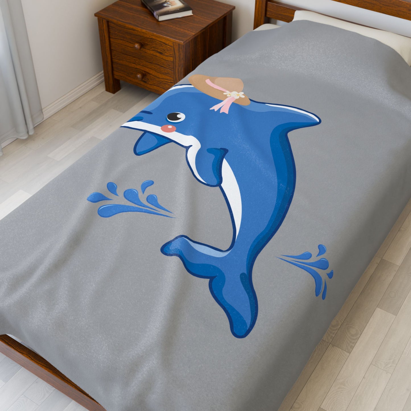 Dolphin wearing a straw hat with stylized water splashes Velveteen Plush Blanket
