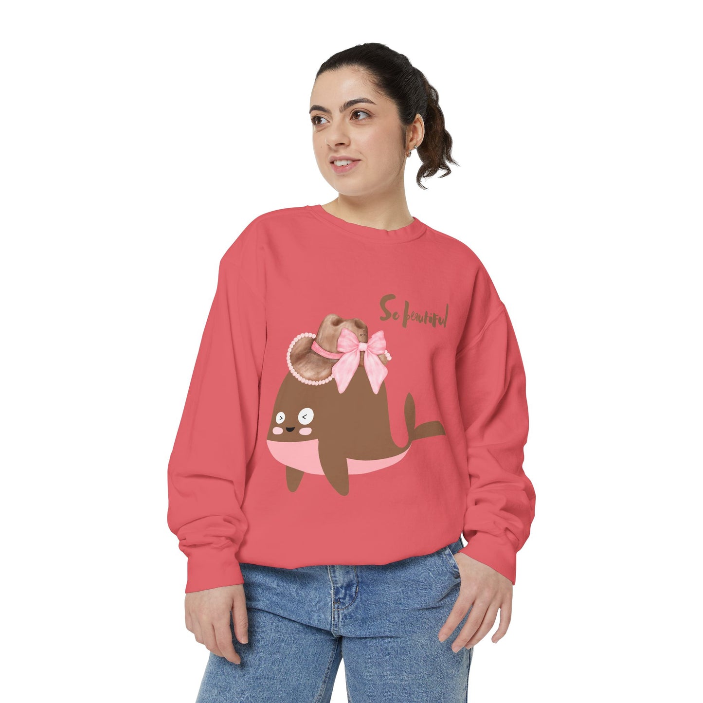 Whale wearing a cowboy hat with a pink bow Unisex Garment-Dyed Sweatshirt