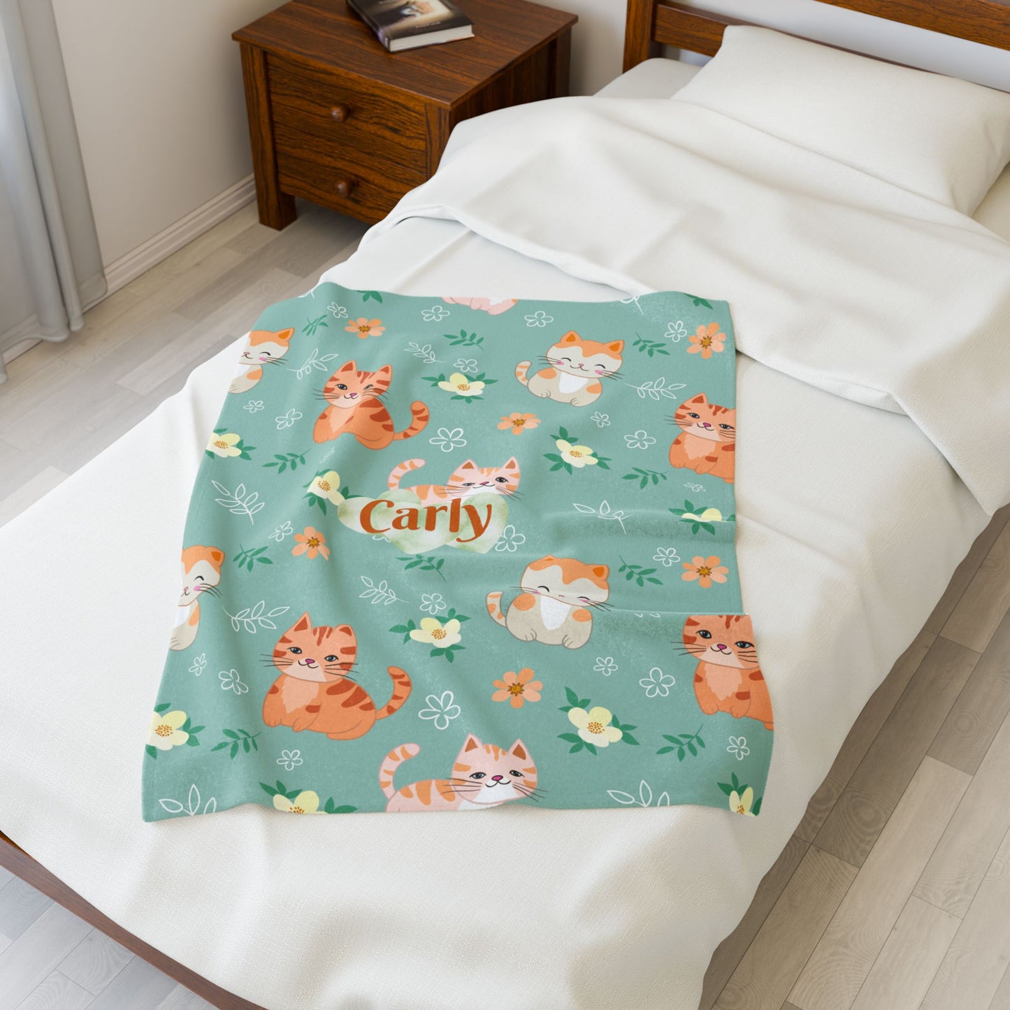 Personalized Cat Plush Blanket, Cozy Throw for Cat Lovers, Gift for Kids, Custom Name Blanket, Cat Lover Home Decor, Cute Floral Blanket