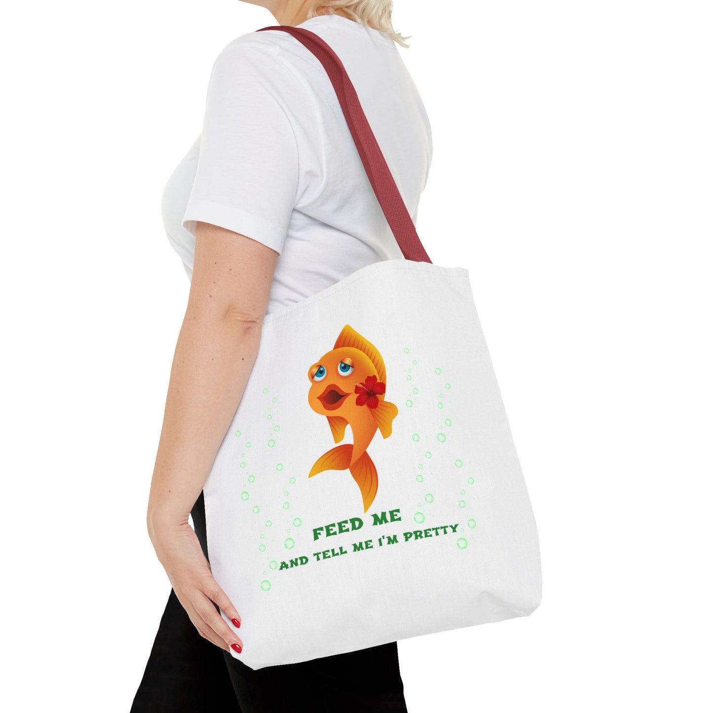 Cartoon goldfish with red lips and flower Tote Bag