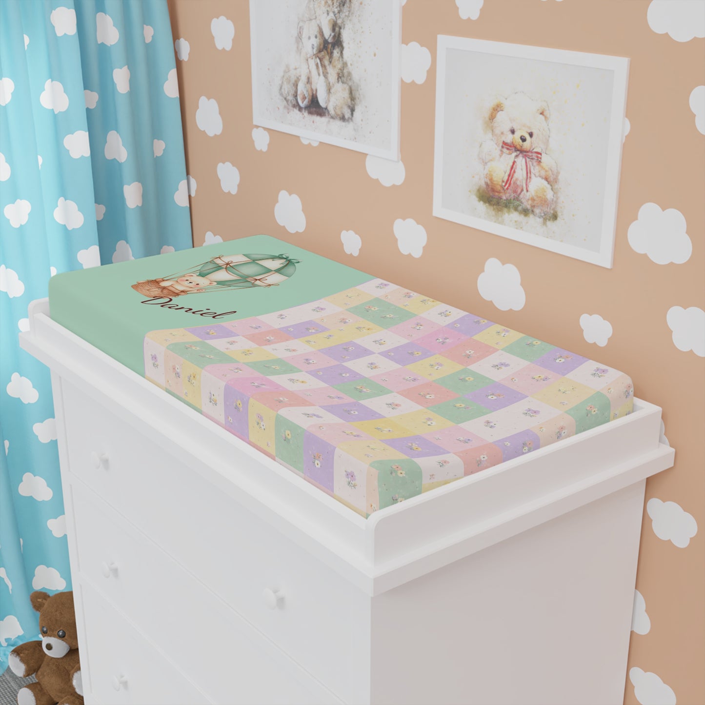 Baby Changing Pad Cover — Pastel Patchwork & Hot Air Balloon Personalized Nursery