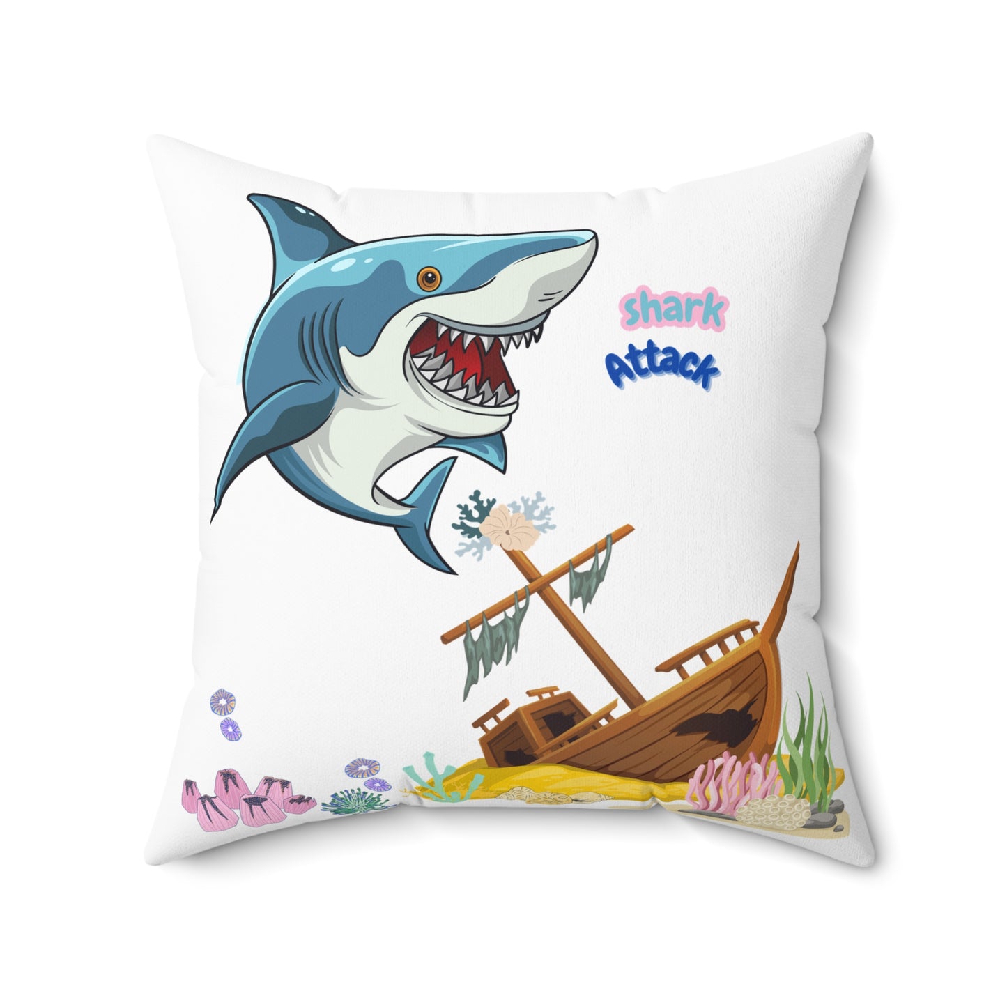 Shark ship colorful coral reef Spun Polyester Square Pillow