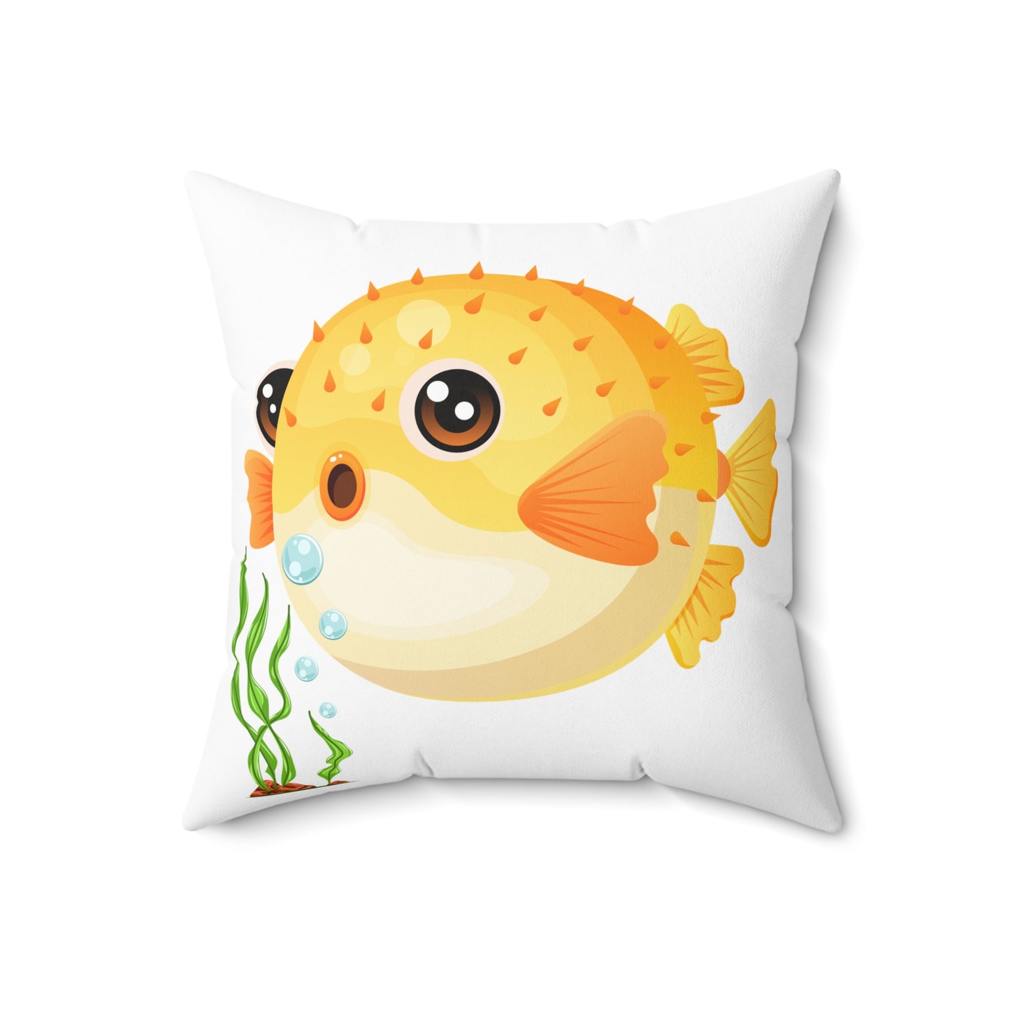 Cartoon Pufferfish with seaweed Spun Polyester Square Pillow