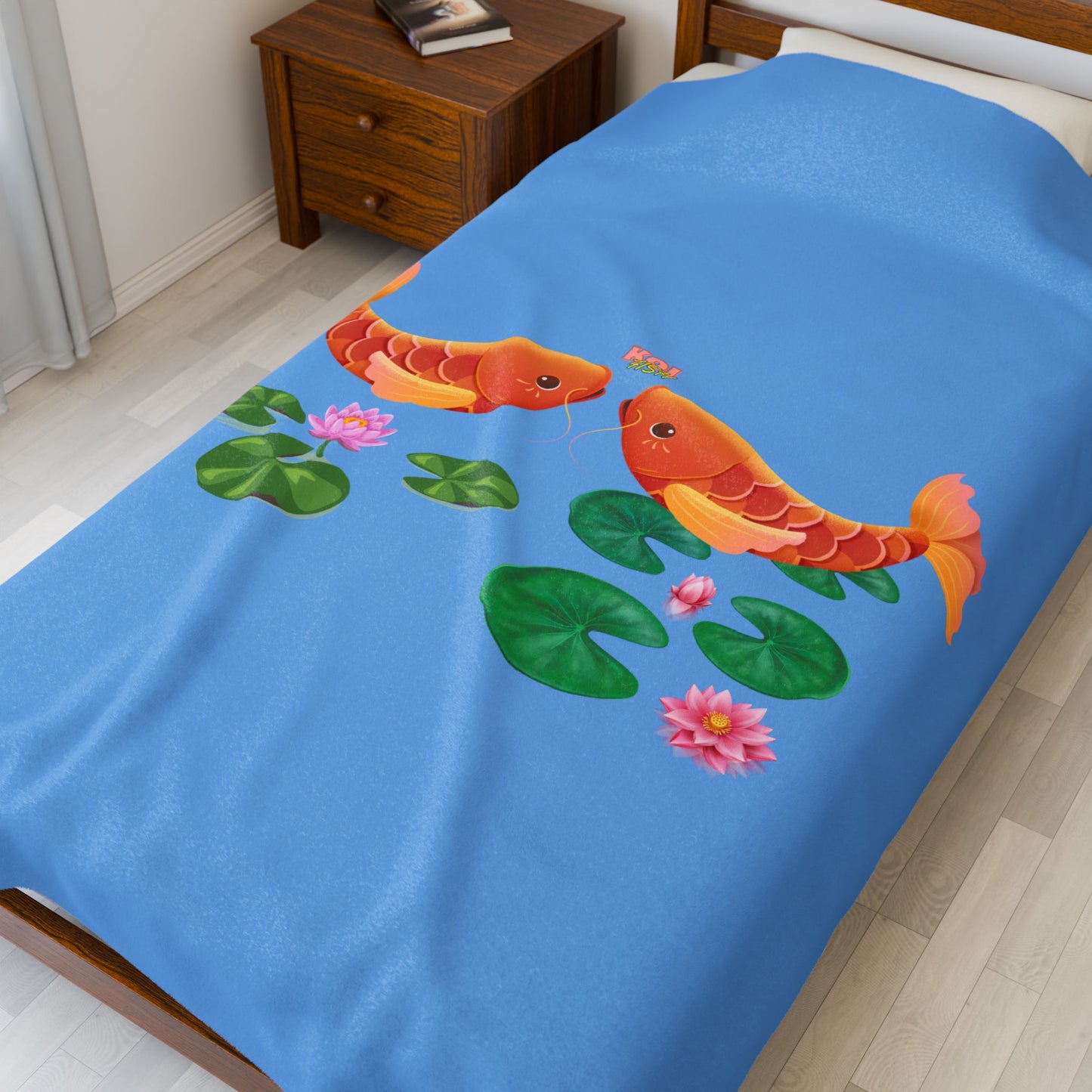 Golden koi fish with lotus flowers Velveteen Plush Blanket