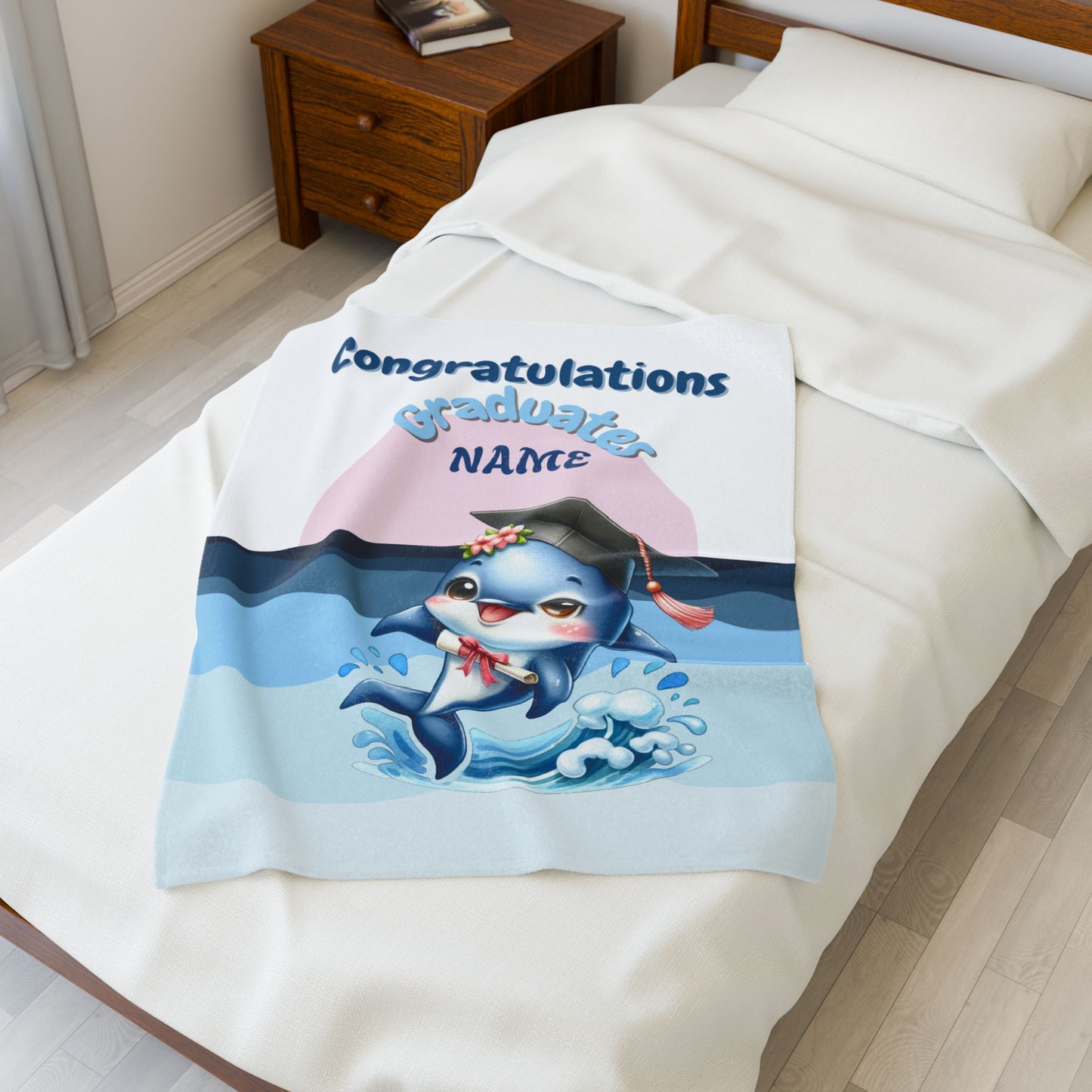 Personalized Graduation Dolphin Plush Blanket, Soft Velveteen Throw, Gift for Graduates, Kids Dorm Decor, Beach Vibes Blanket