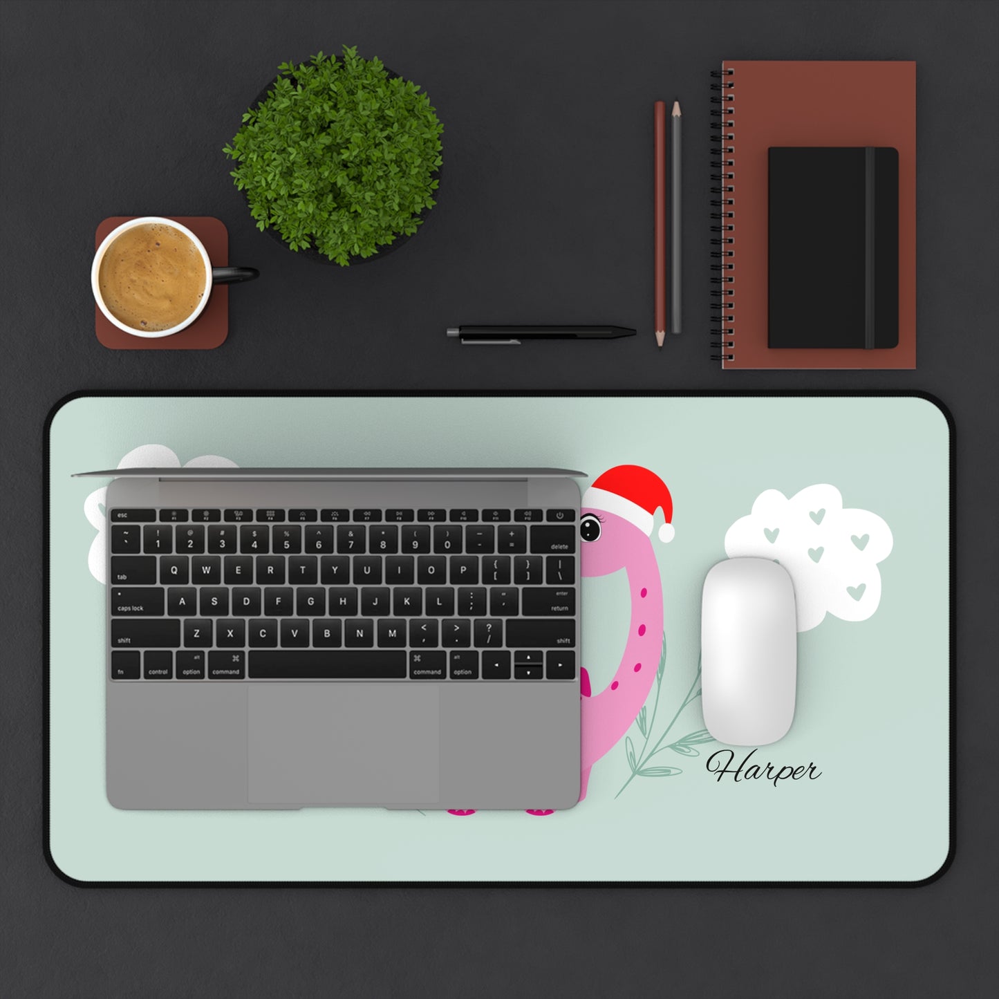 Dinosaur Christmas Desk Mat - Personalized Cute Desk Accessories, Home Office Gift, Playful Holiday Decor, Fun Kids Room Addition