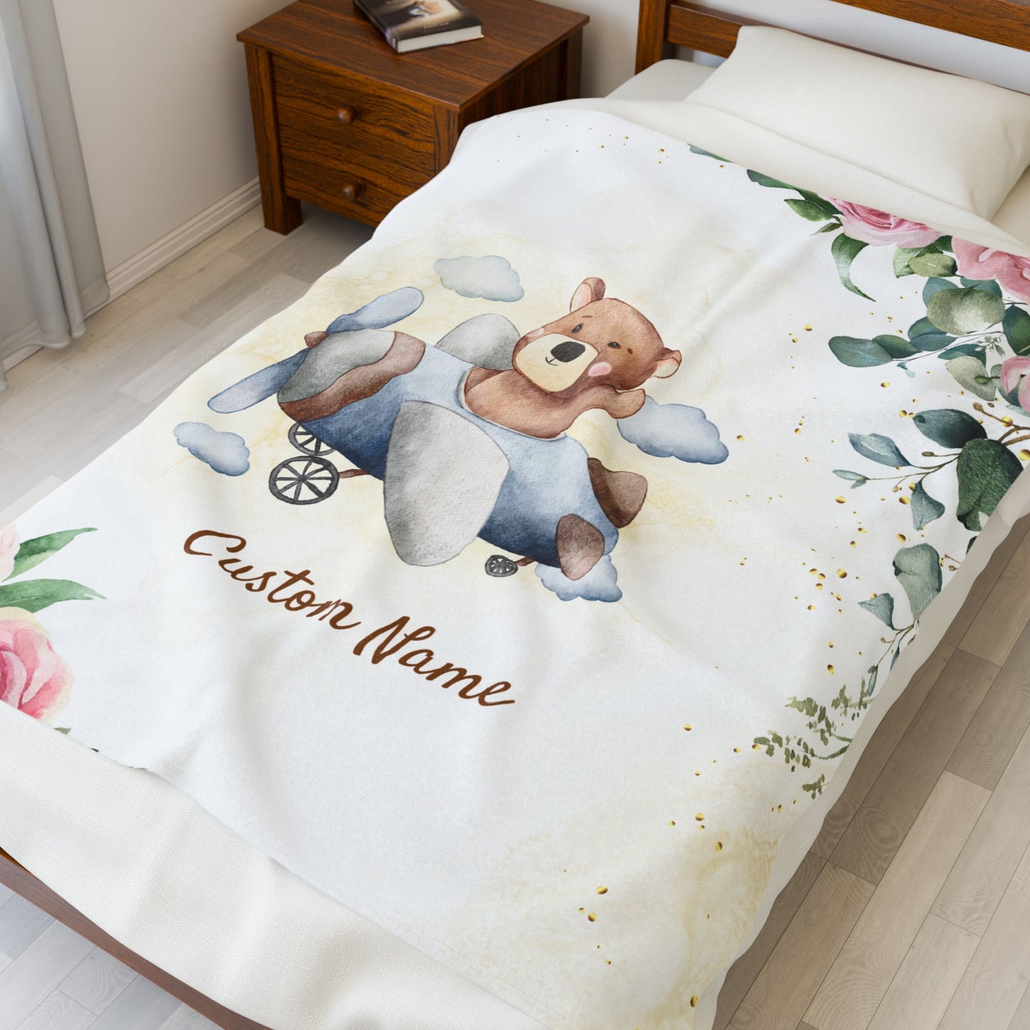 Personalized Velveteen Plush Blanket with Custom Name, Kids Blanket, Nursery Decor, Baby Shower Gift, Floral Bear Design