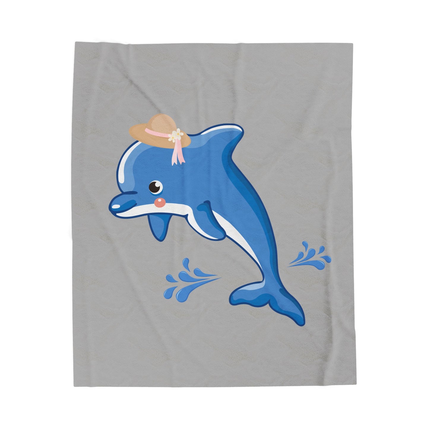 Dolphin wearing a straw hat with stylized water splashes Velveteen Plush Blanket