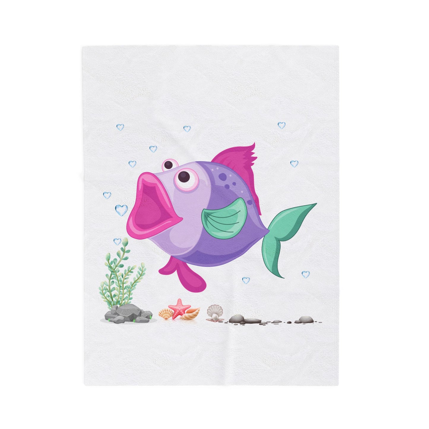 Fish with open mouth bubbles and underwater flora Velveteen Plush Blanket