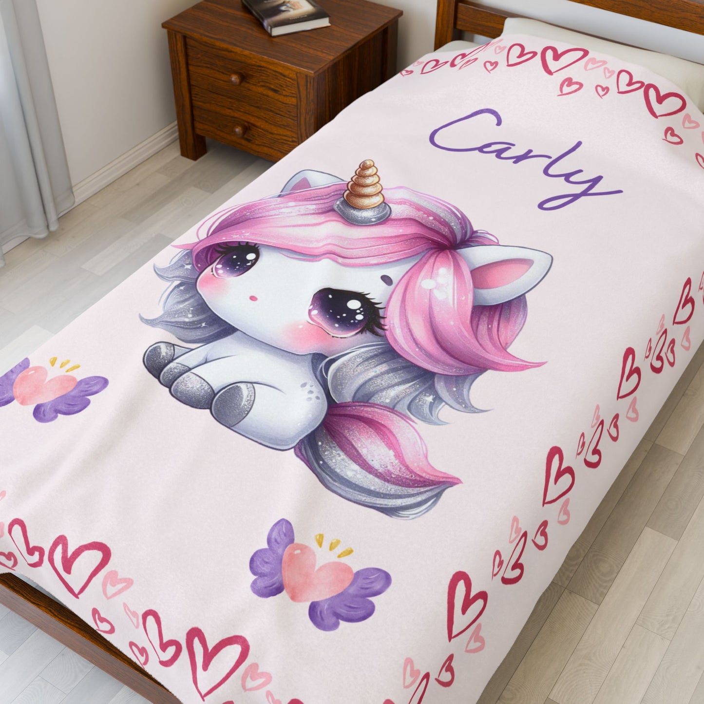 Personalized Unicorn Velveteen Plush Blanket, Custom Baby Blanket, Kids Blanket, Cozy Gift, Soft Throw Blanket, Nursery Decor