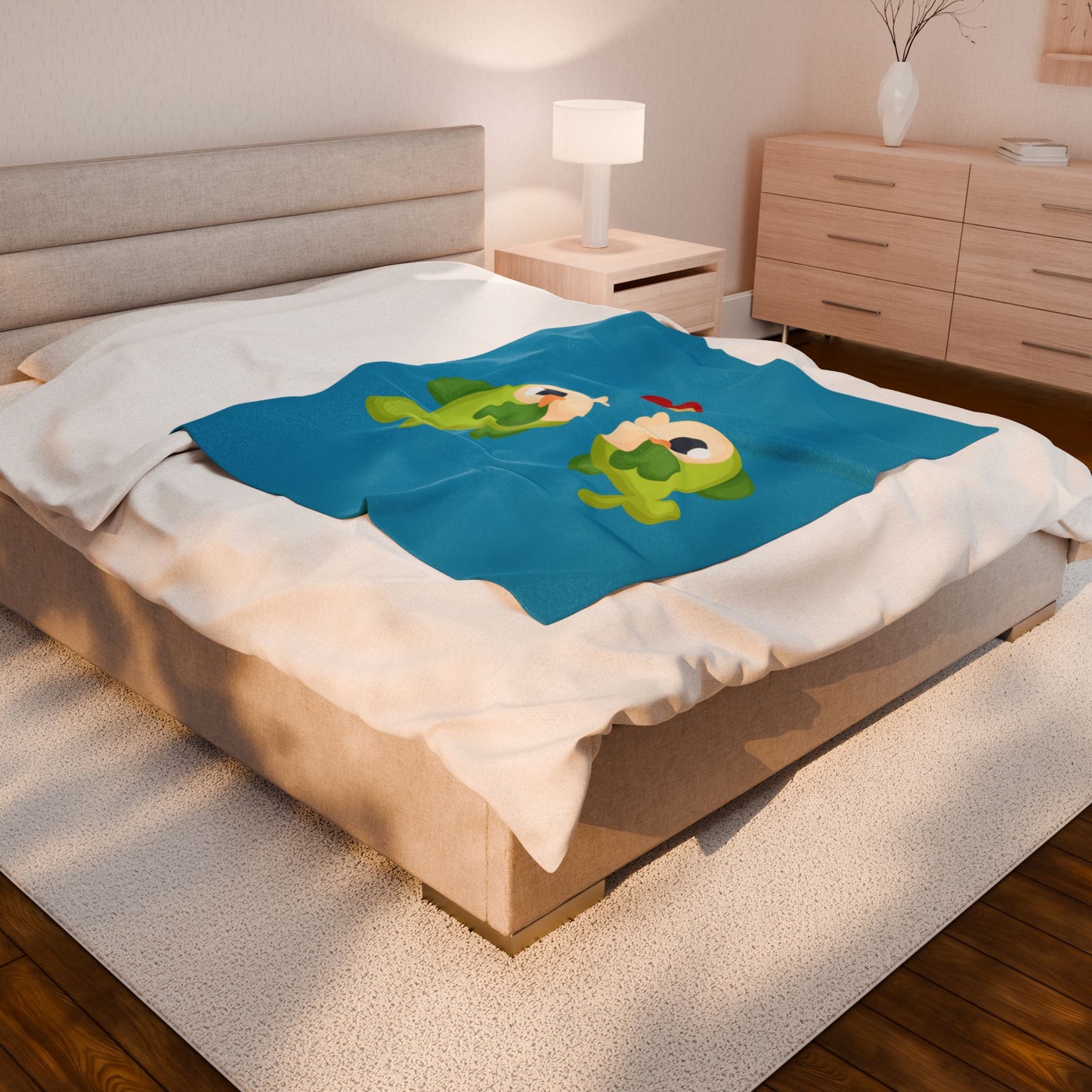 Two hearts float between the fish one red and one yellow Velveteen Plush Blanket