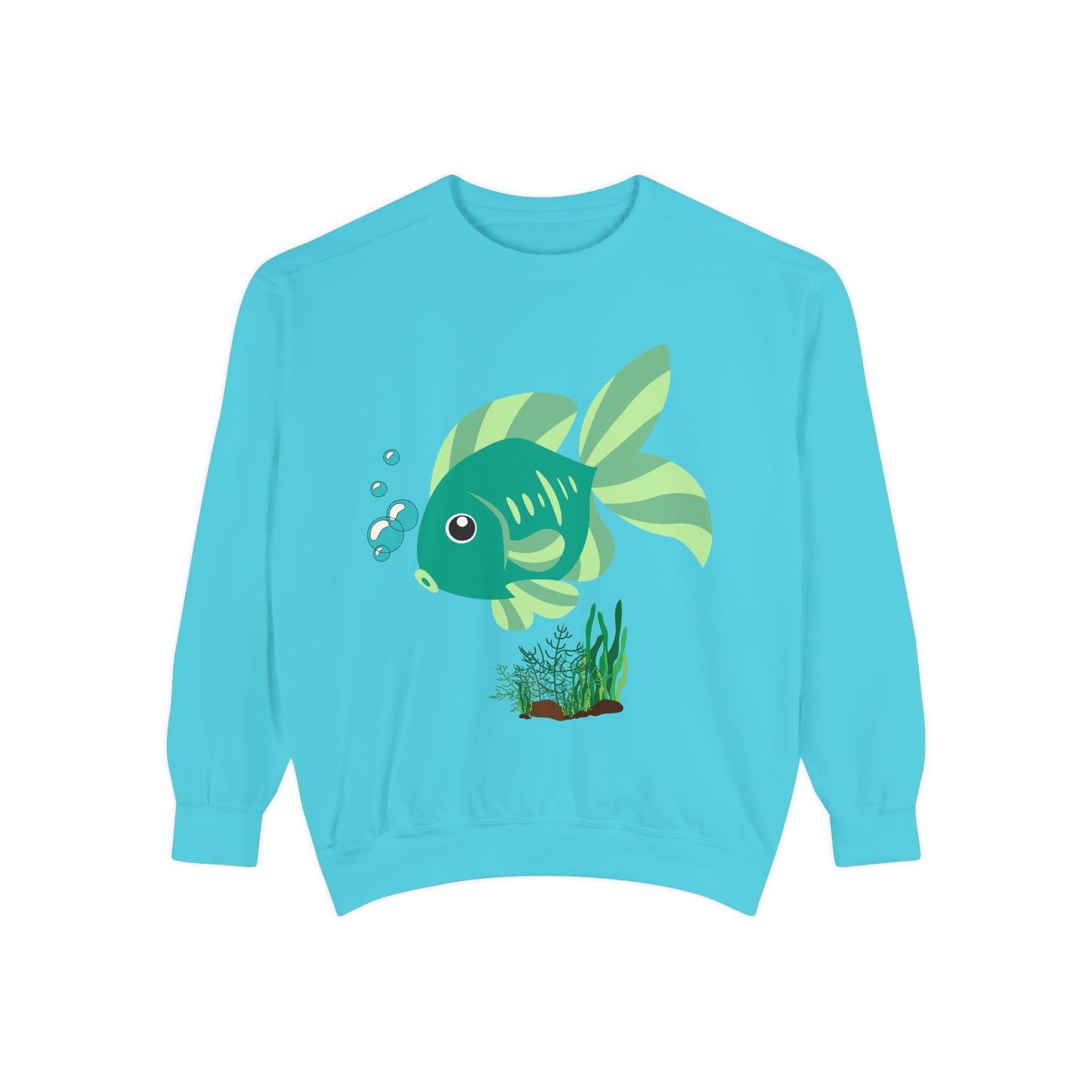 Green fish with bubbles and aquatic plants Unisex Garment-Dyed Sweatshirt
