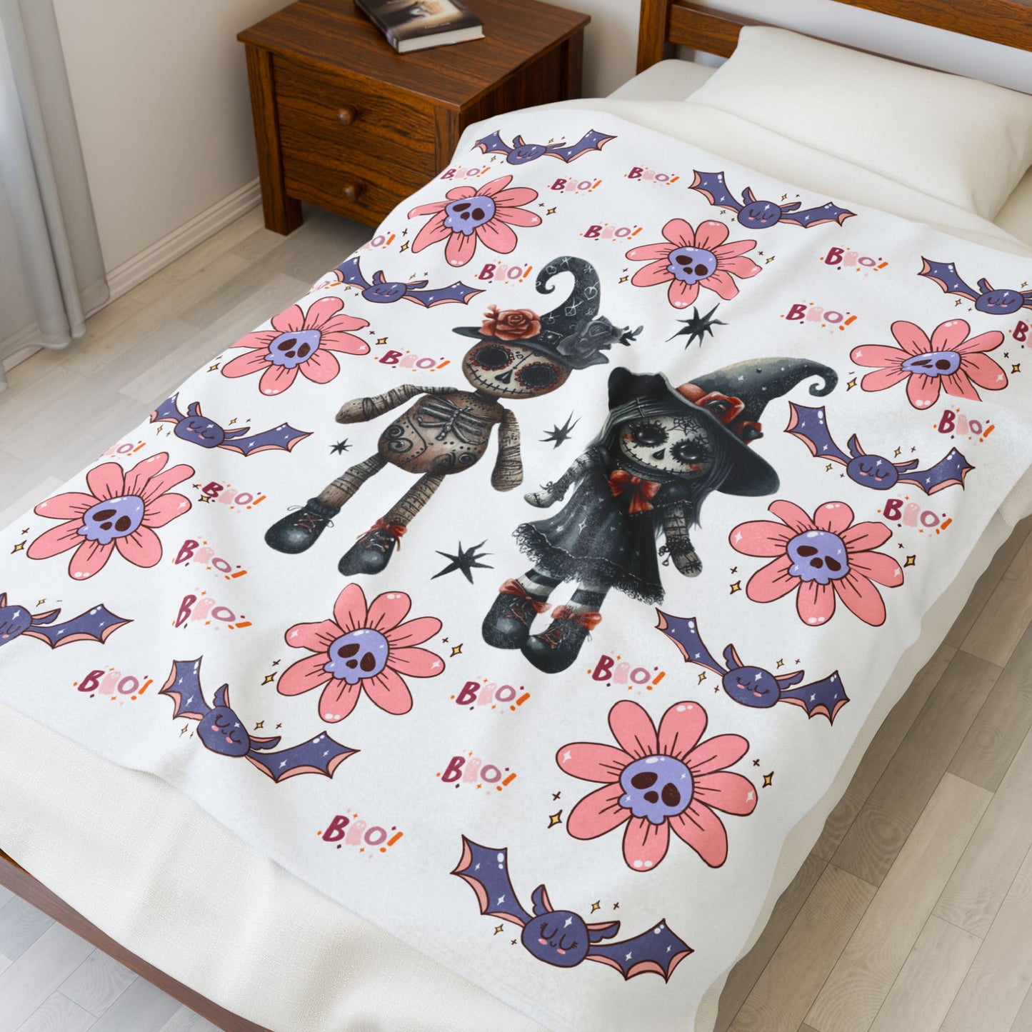 Spooky Floral Velveteen Blanket, Halloween Décor, Cozy Throw, Kids Room Blanket, Soft Throw Blanket, Perfect for Fall