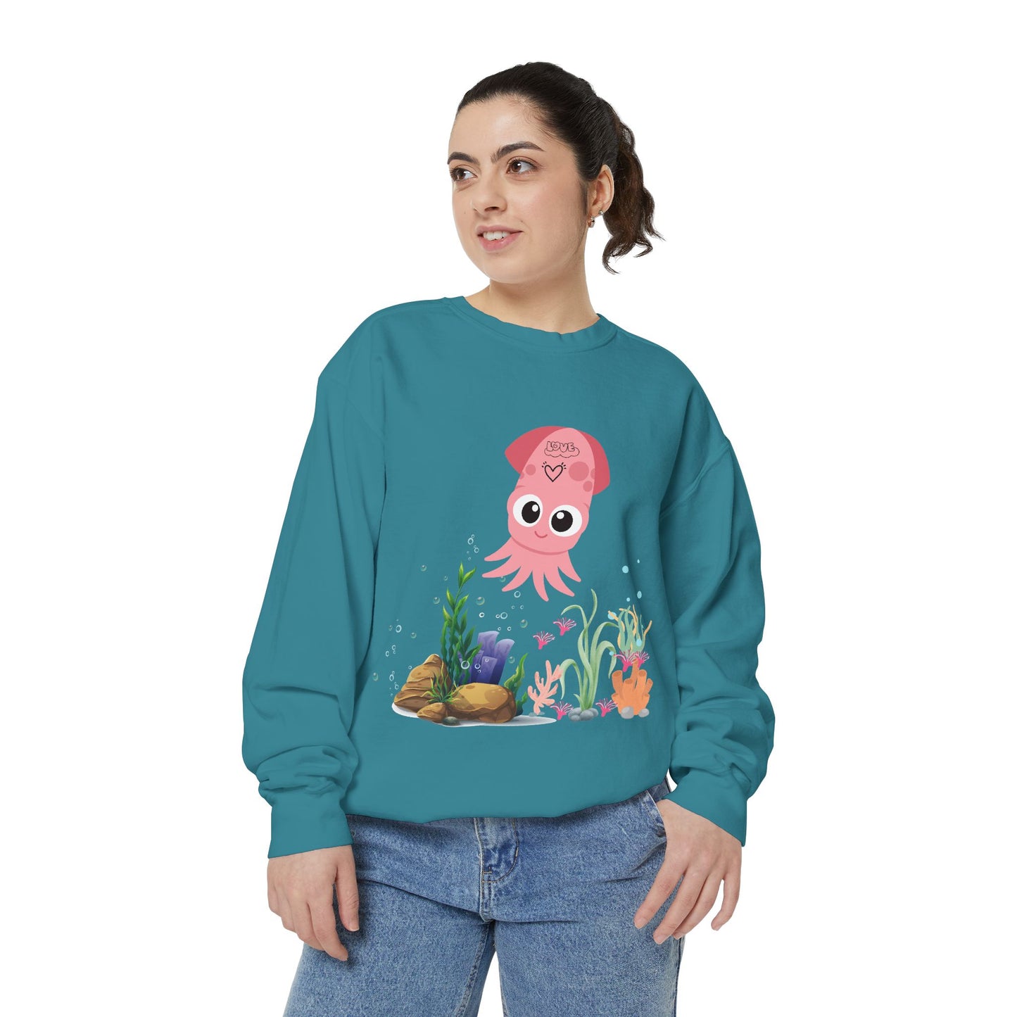 Pink squid cartoon with love Unisex Garment-Dyed Sweatshirt