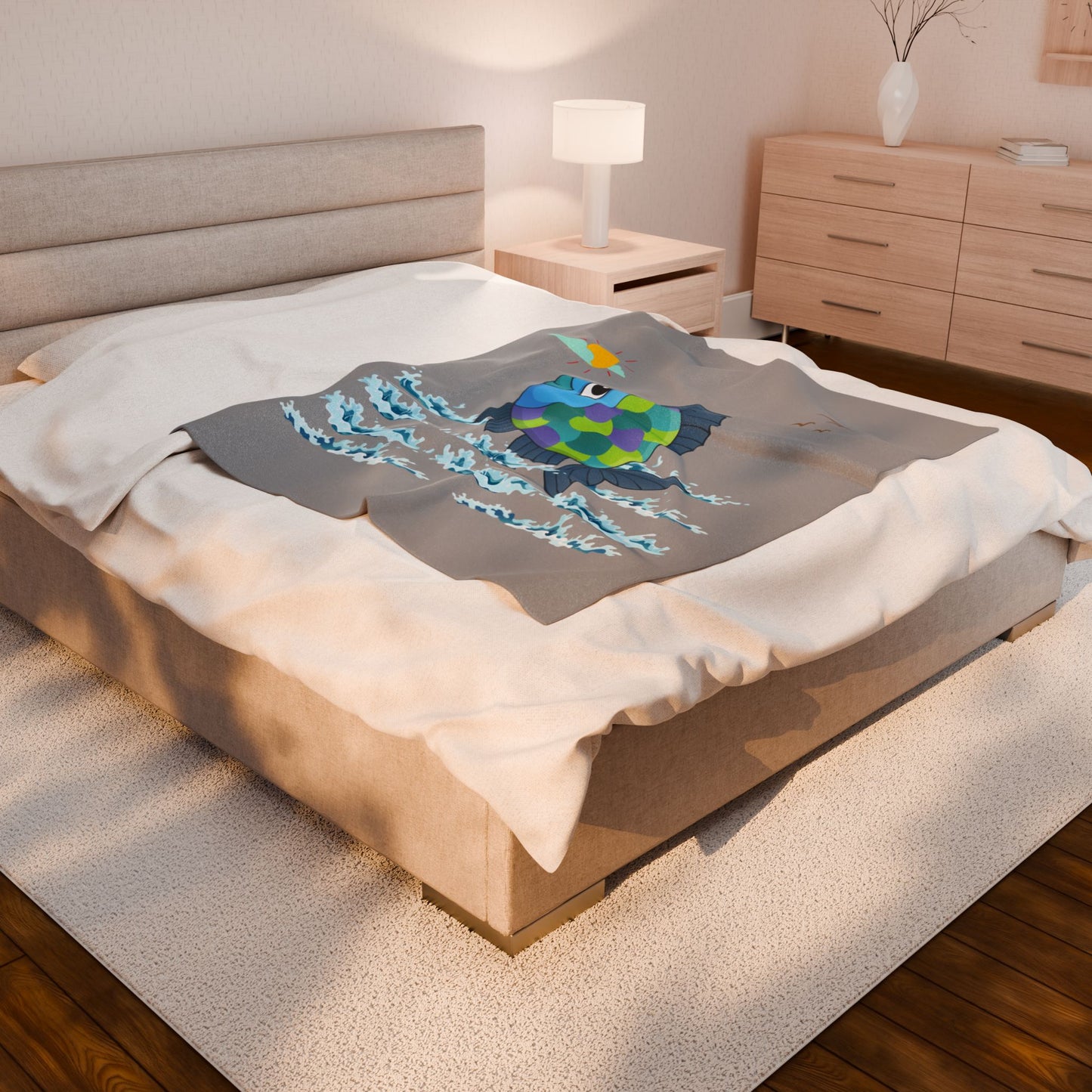 Fish with a sun and birds in the sky above water Velveteen Plush Blanket