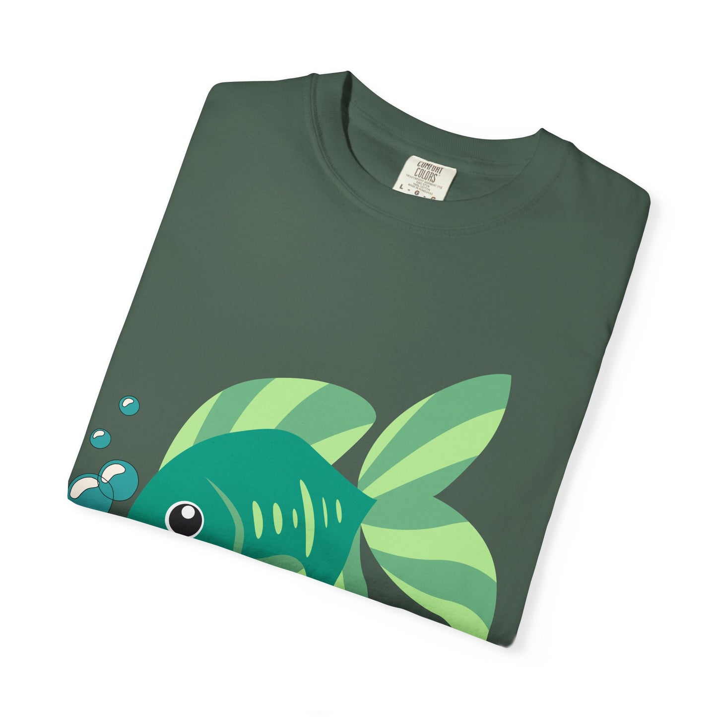Green fish with bubbles and aquatic plants Unisex Garment-Dyed T-shirt