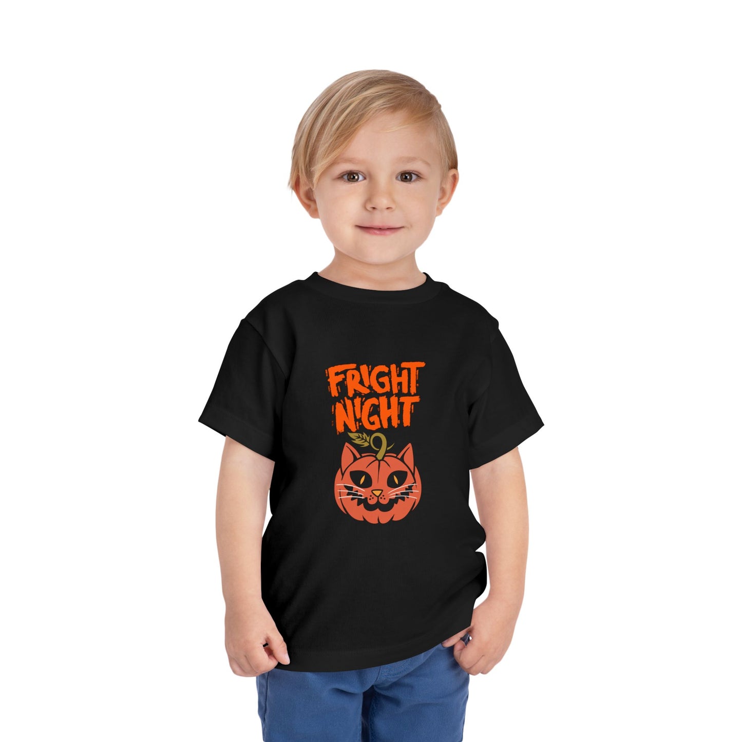 Cute Halloween Toddler Tee, 'Fright Night' Shirt, Kids Halloween Costume Top, Pumpkin Cat Graphic Tee, Spooky Toddler Outfit