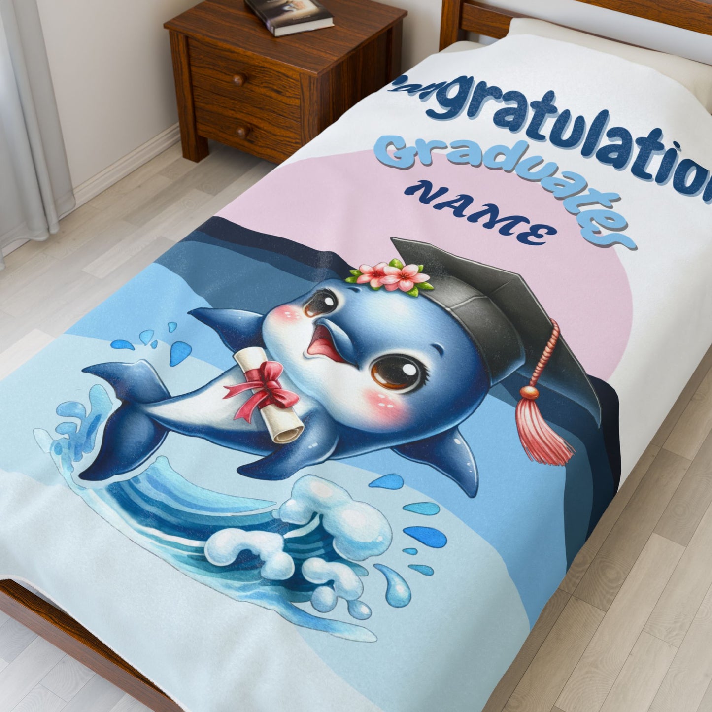 Personalized Graduation Dolphin Plush Blanket, Soft Velveteen Throw, Gift for Graduates, Kids Dorm Decor, Beach Vibes Blanket