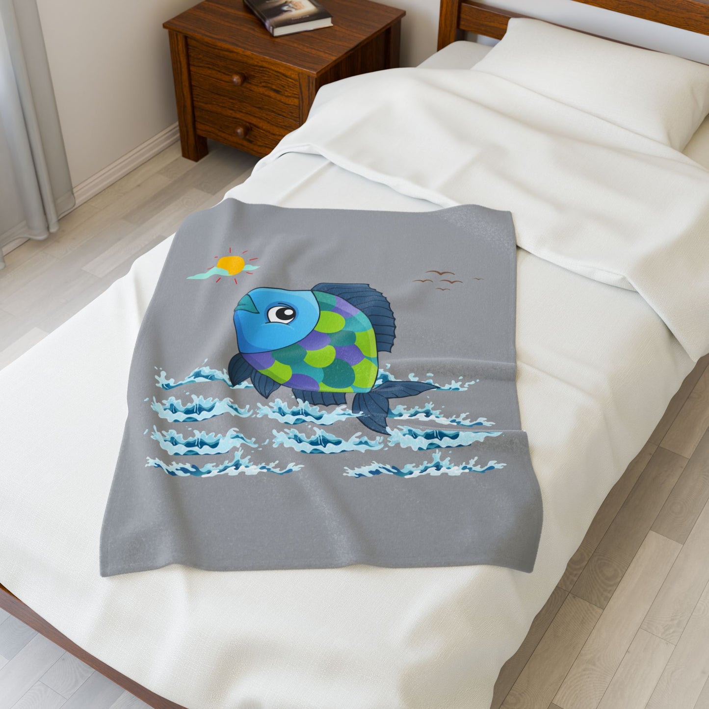 Fish with a sun and birds in the sky above water Velveteen Plush Blanket