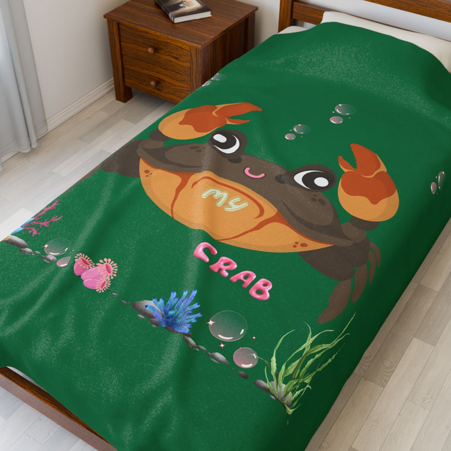 Crab with subtle bubbles and underwater flora Velveteen Plush Blanket