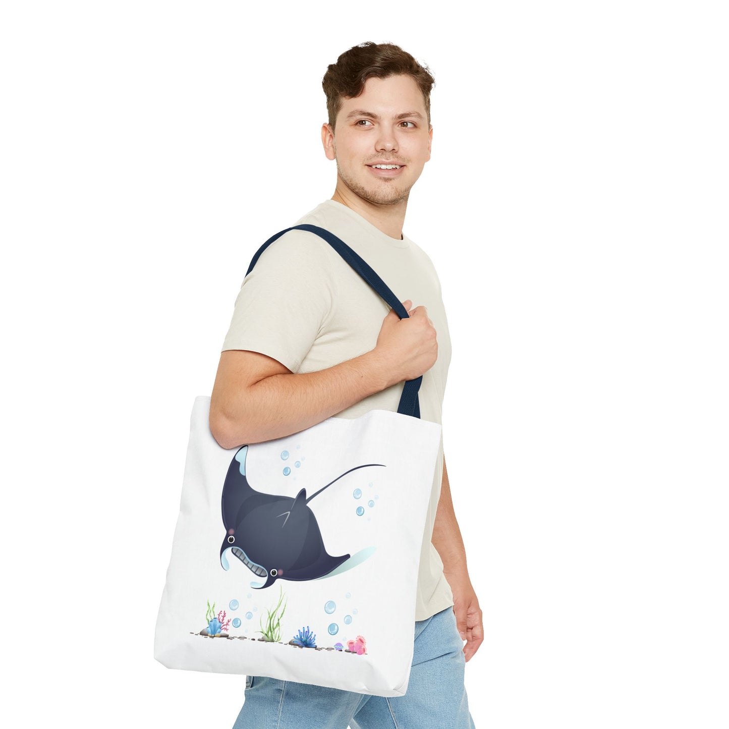 Manta ray with bubbles and coral reef Tote Bag