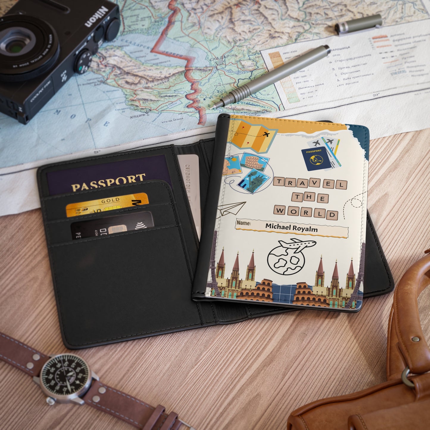 Travel The World Personalized Passport Cover — Custom Name Travel Passport Holder