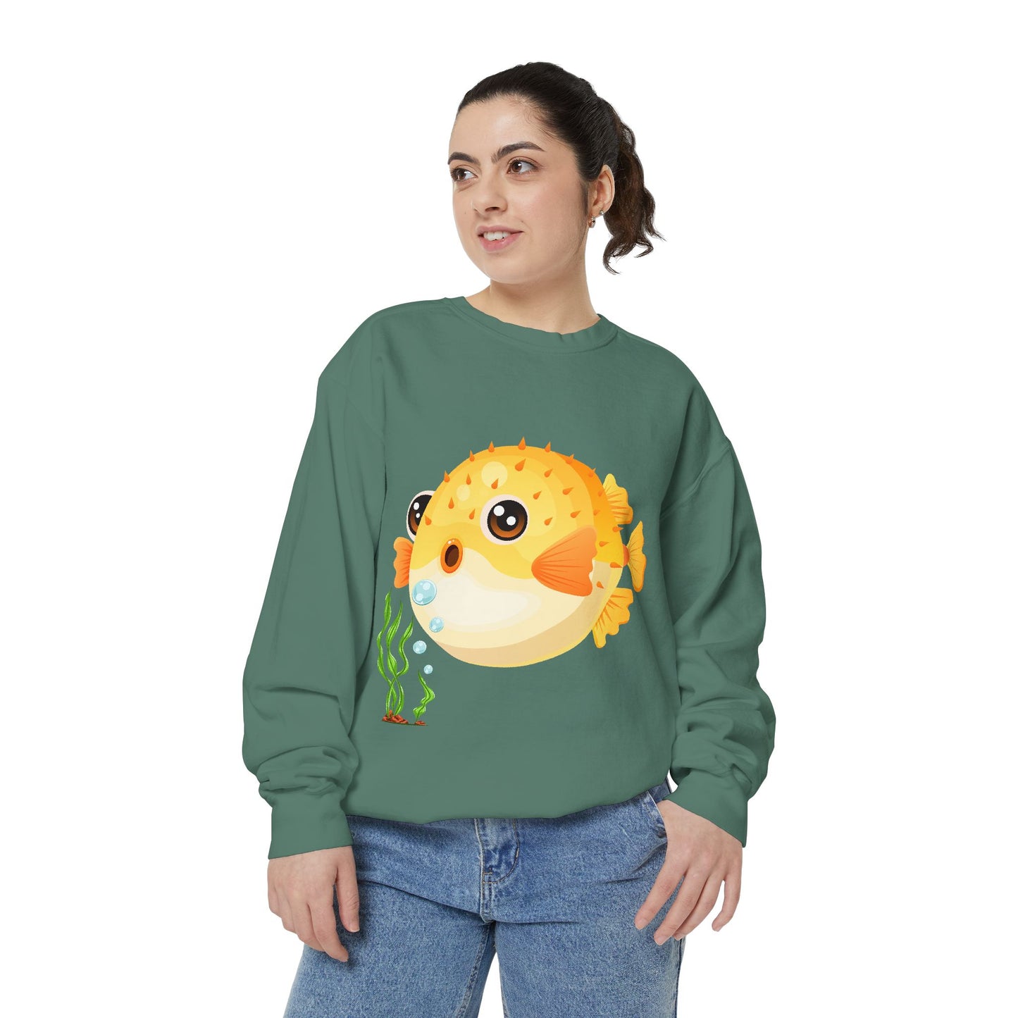 Cartoon Pufferfish with seaweed Unisex Garment-Dyed Sweatshirt