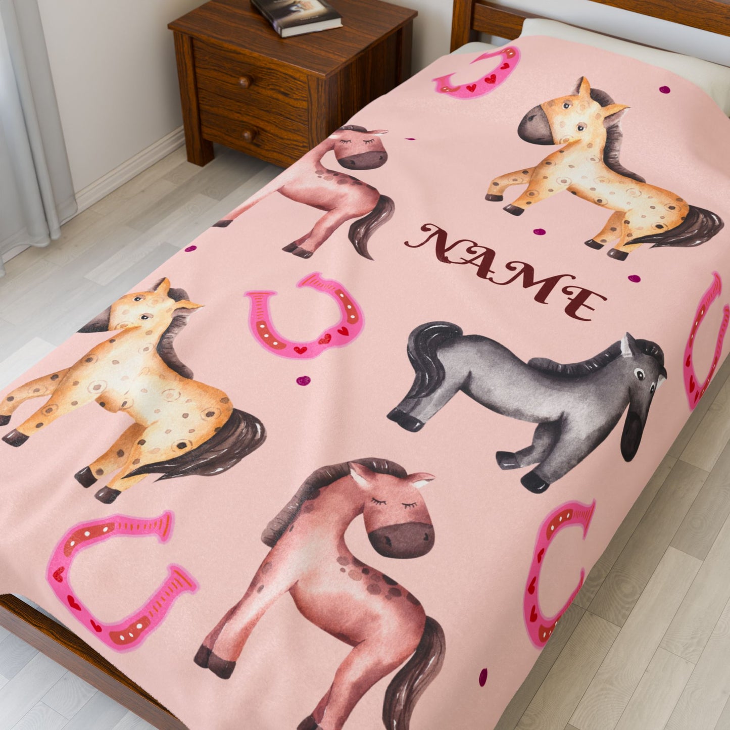 Personalized Horse-Themed Velveteen Plush Blanket, Cozy Nursery Décor, Gifts for Kids, Horse Lover's Gift, Animal Lover Blanket