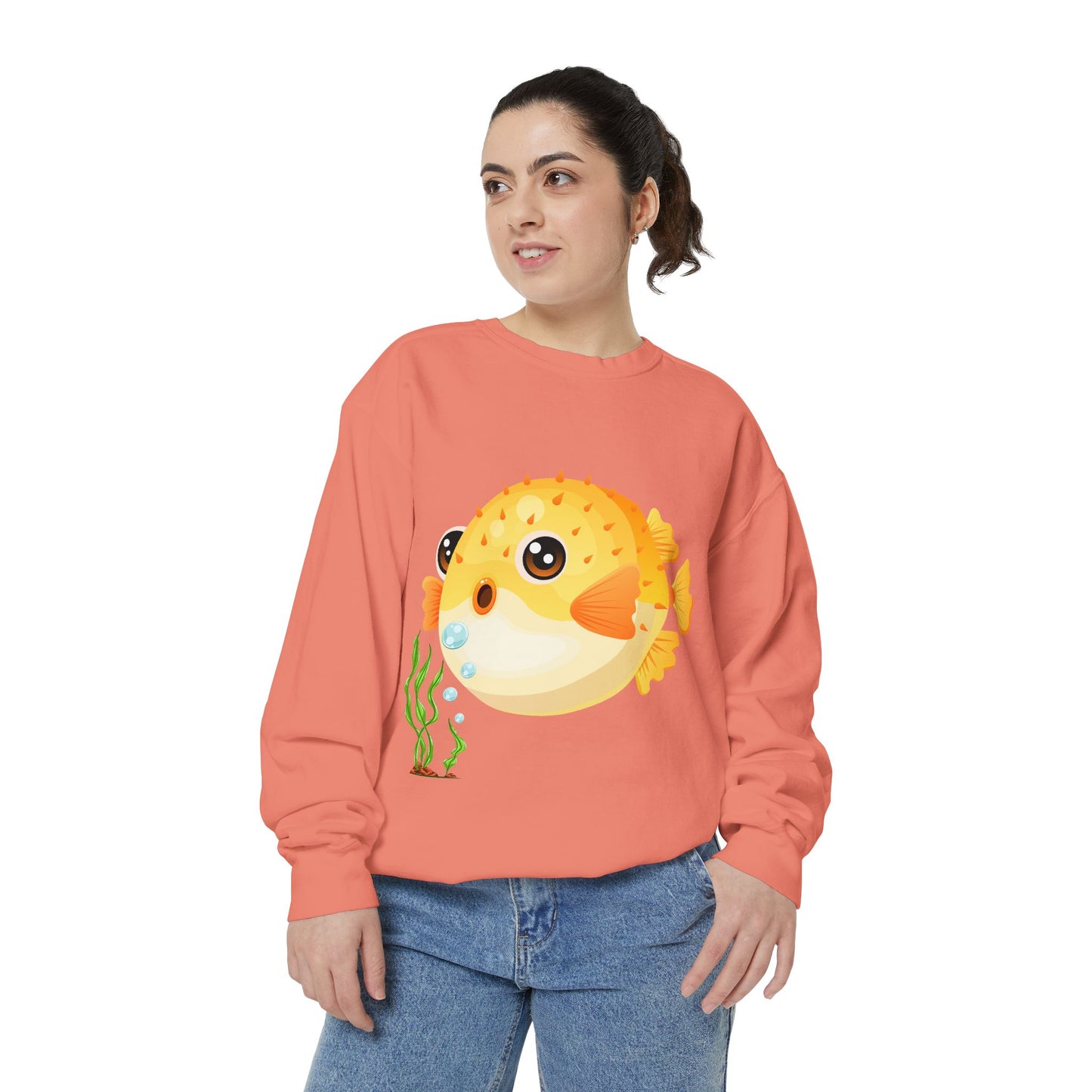 Cartoon Pufferfish with seaweed Unisex Garment-Dyed Sweatshirt