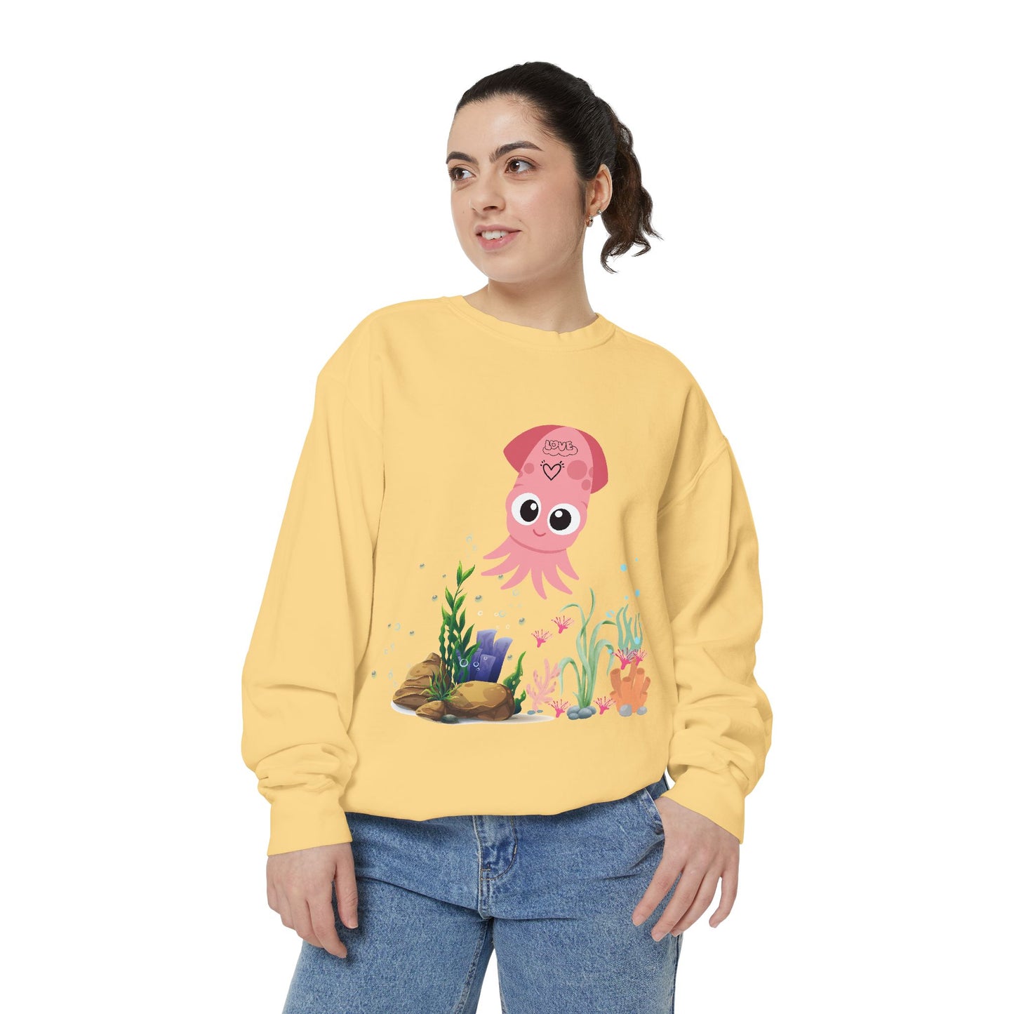 Pink squid cartoon with love Unisex Garment-Dyed Sweatshirt