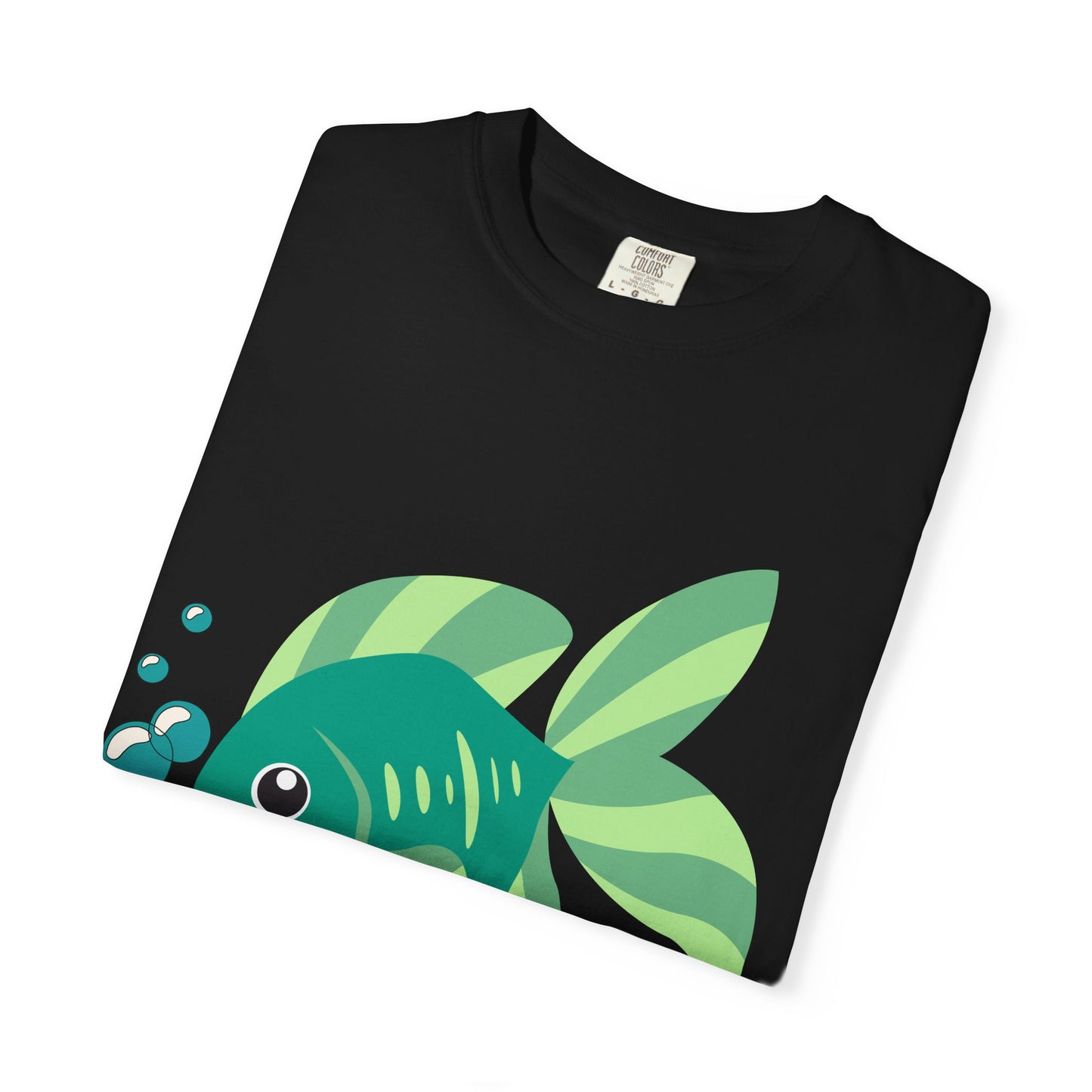 Green fish with bubbles and aquatic plants Unisex Garment-Dyed T-shirt