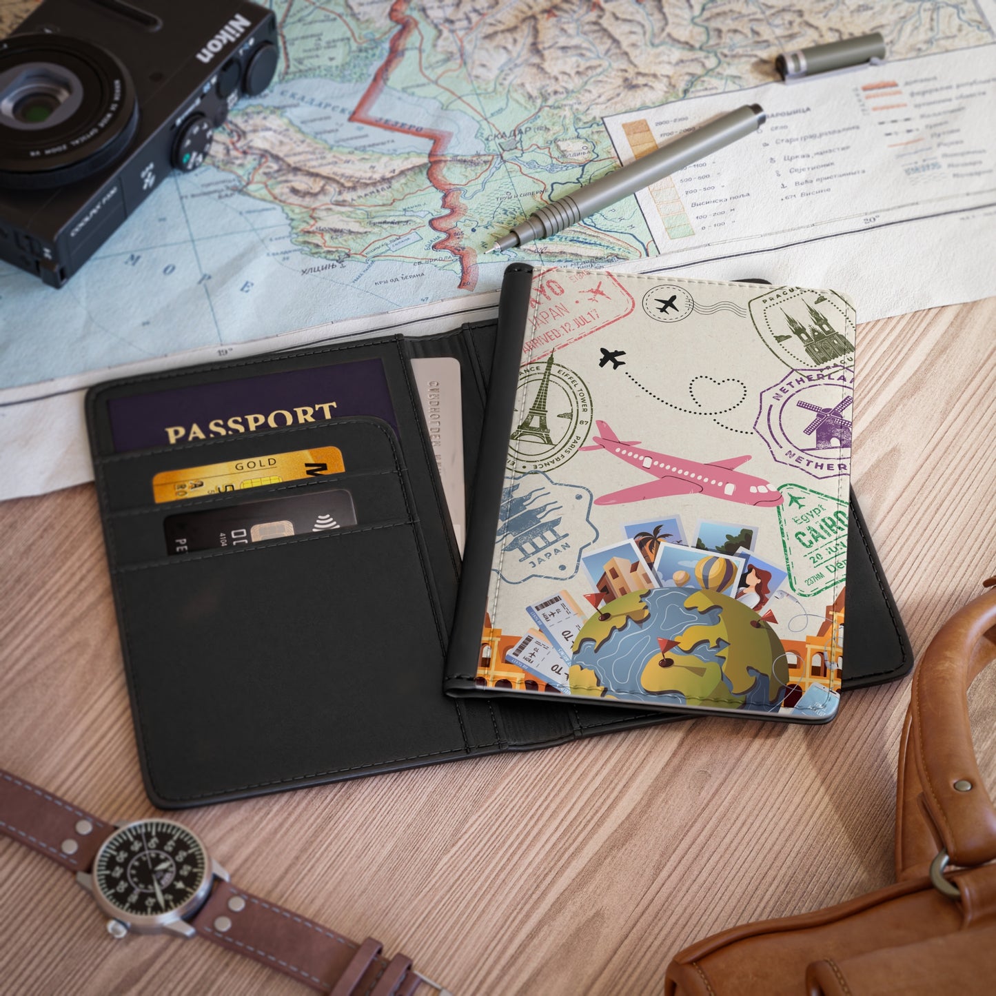 Passport Cover - Travel Stamps & Globe Design, Cute Airplane Passport Holder for Travelers