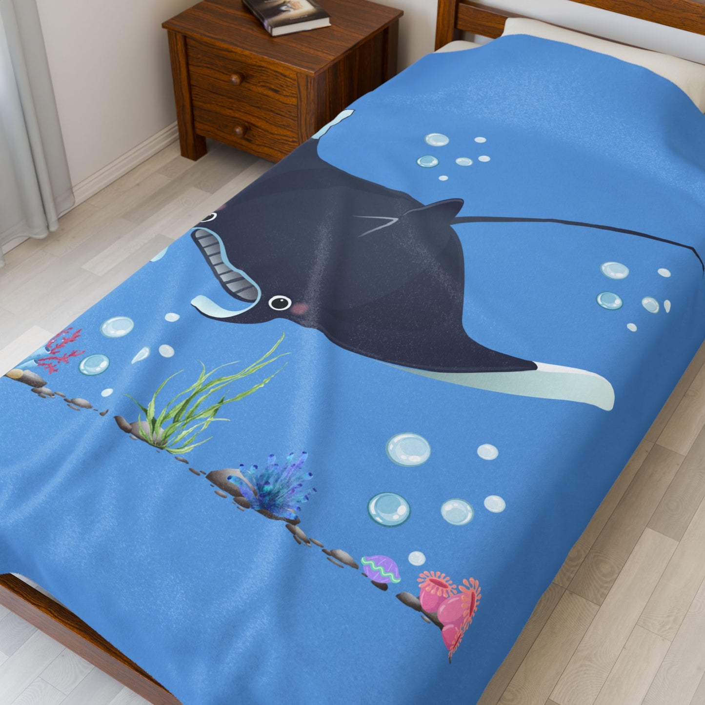 Manta ray with bubbles and coral reef Velveteen Plush Blanket