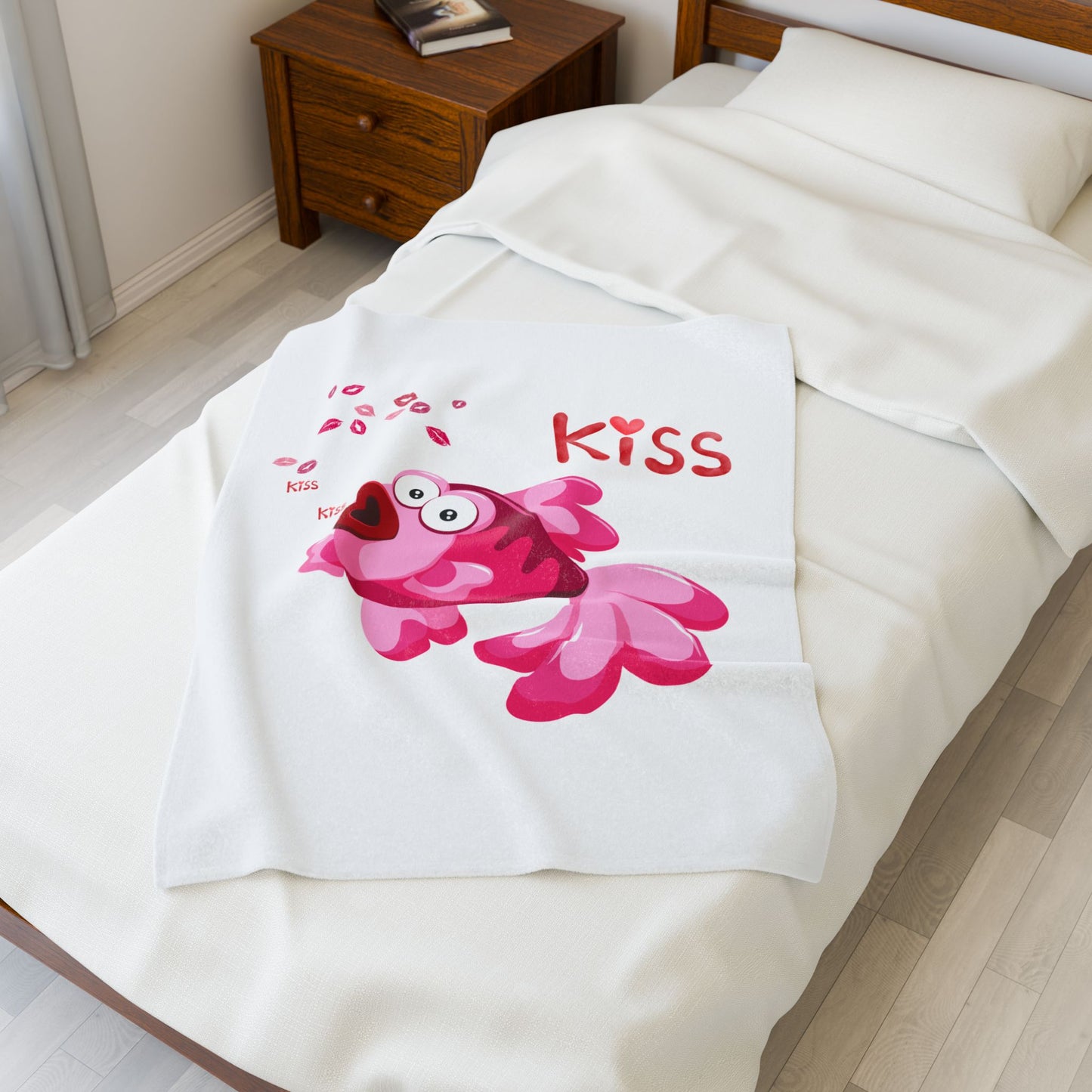 Pink fish with open mouth and kiss Velveteen Plush Blanket