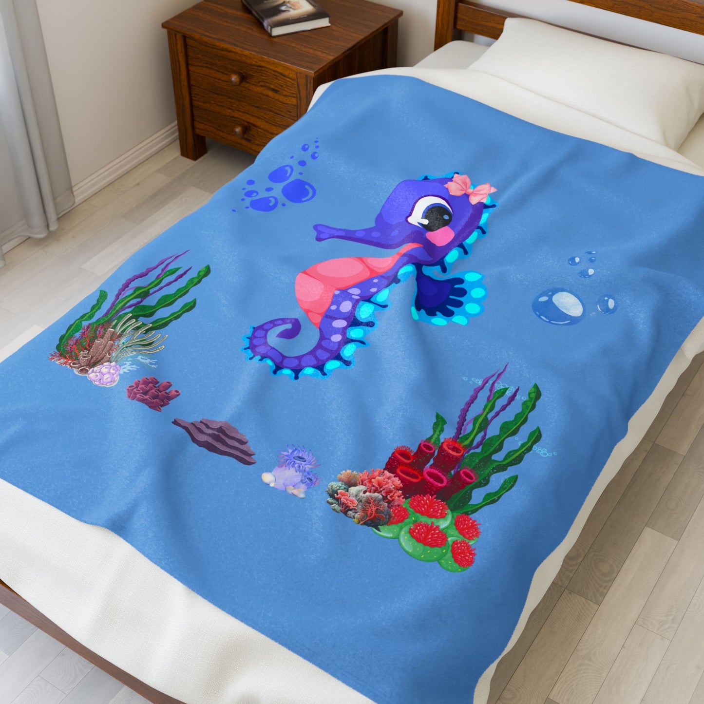 Seahores playful under the sea Velveteen Plush Blanket