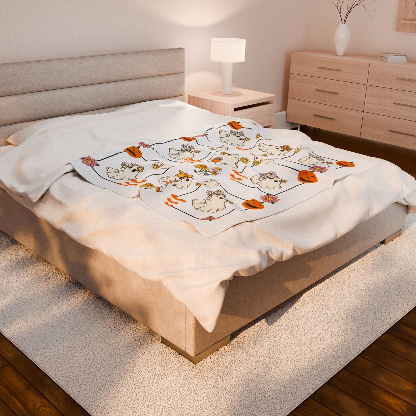 Whimsical Ghosts Velveteen Plush Blanket | Cozy Halloween Decor, Gift for Kids & Teens, Soft Plush Throw, Cute Couch Accessory