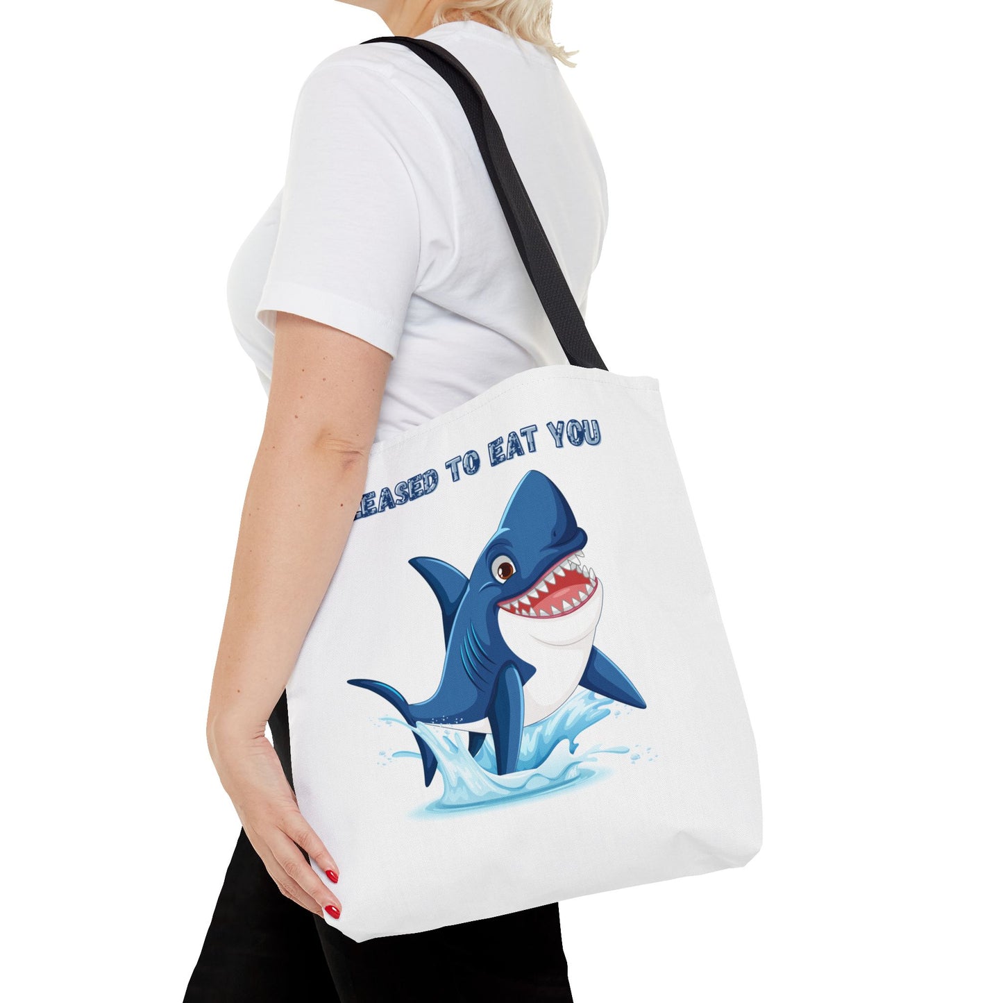 Humorous cartoon shark with threatening text Tote Bag