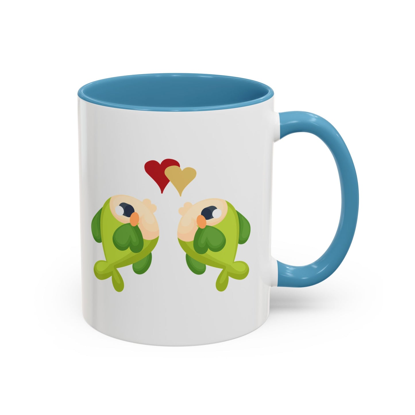 Two hearts float between the fish one red and one yellow. Coffee Mug