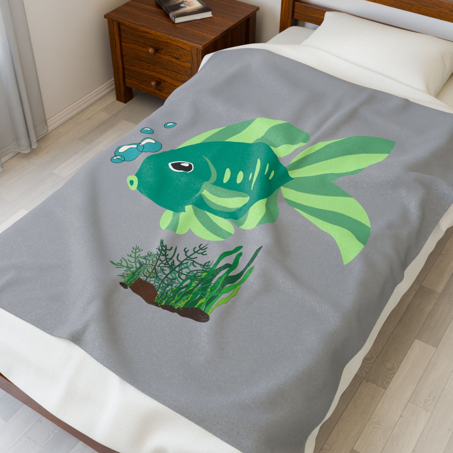 Green fish with bubbles and aquatic plants Velveteen Plush Blanket