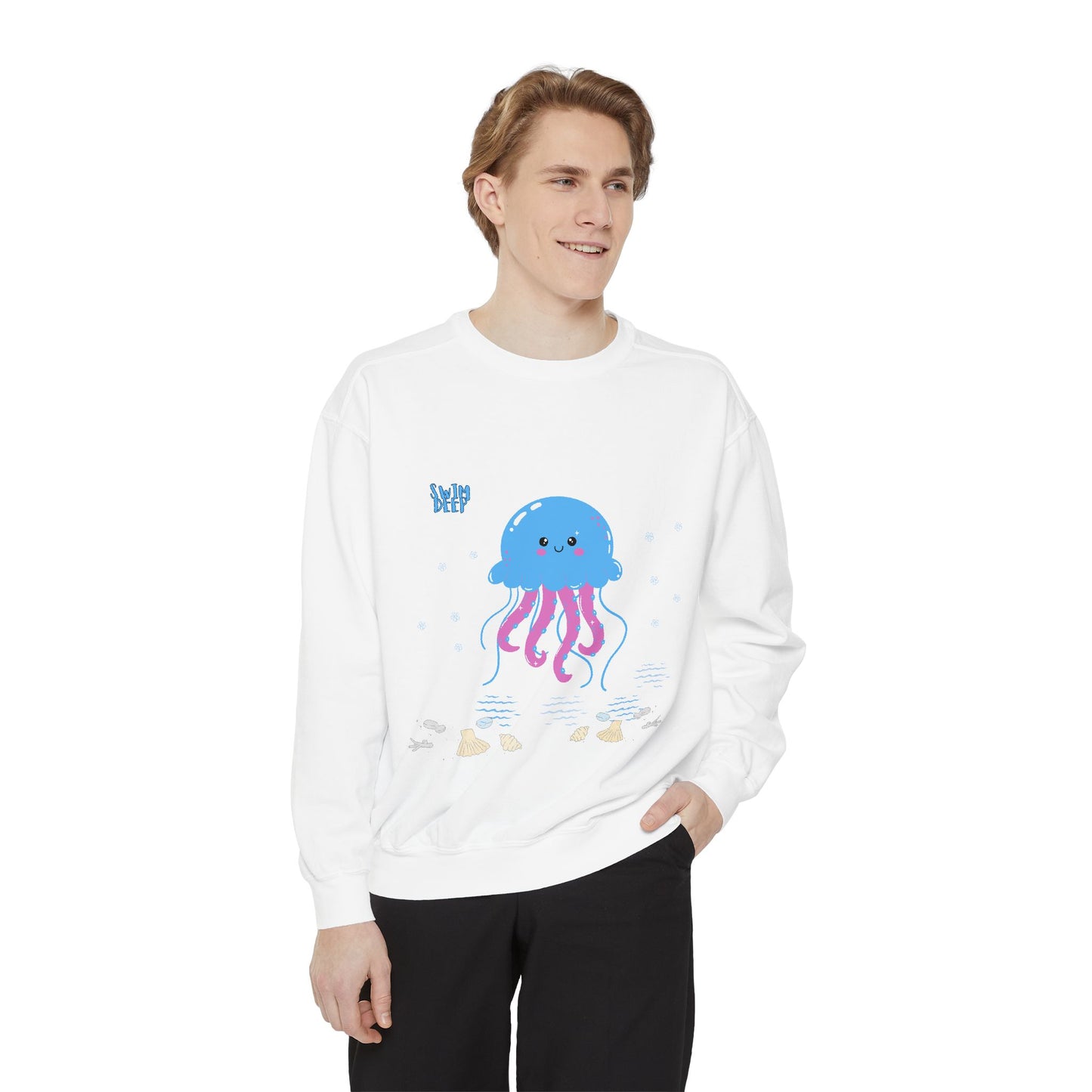 Blue jellyfish with pink tentacles Unisex Garment-Dyed Sweatshirt