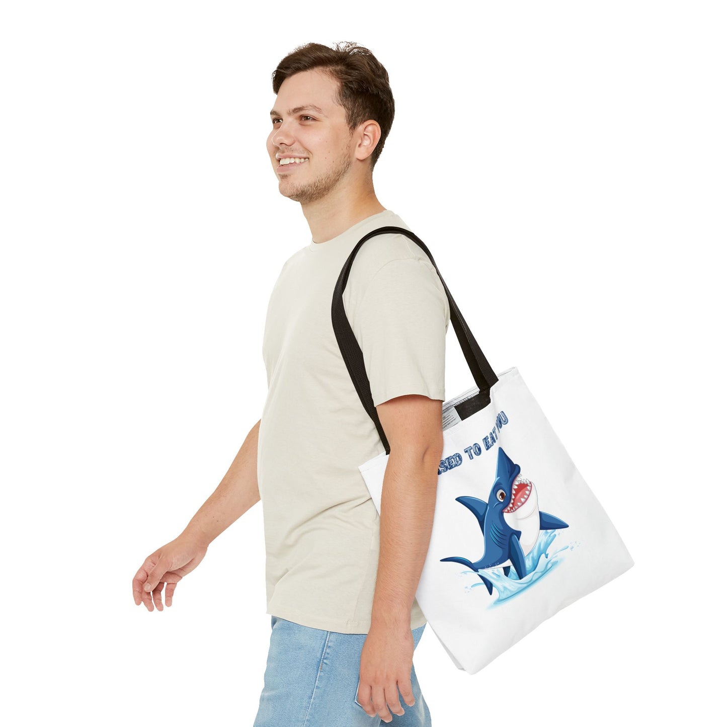 Humorous cartoon shark with threatening text Tote Bag