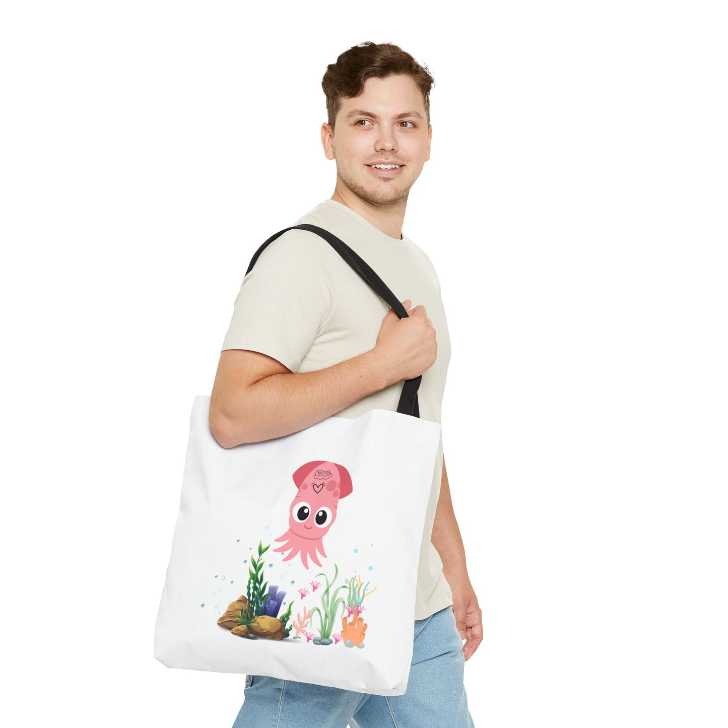 Pink squid cartoon with love Tote Bag