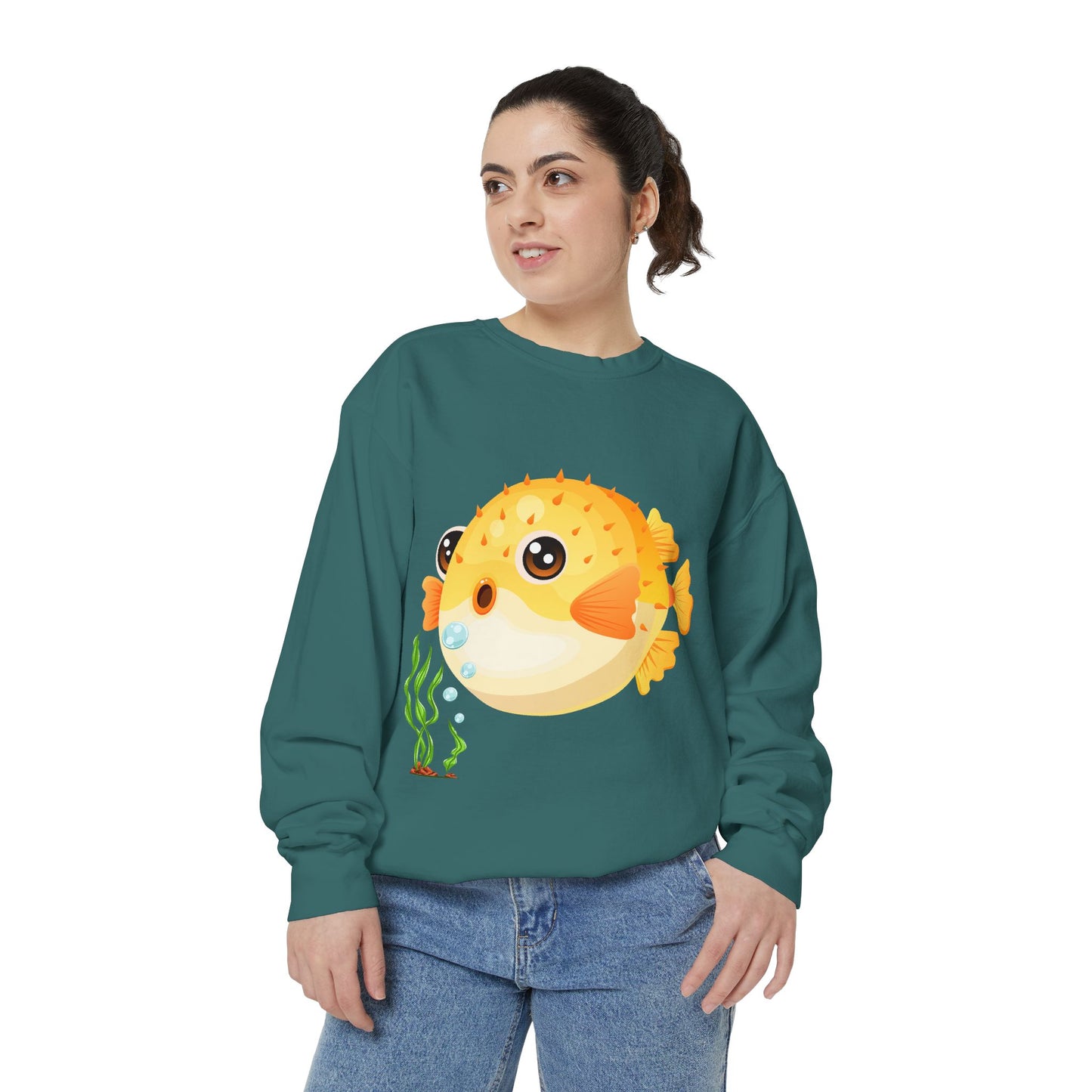 Cartoon Pufferfish with seaweed Unisex Garment-Dyed Sweatshirt
