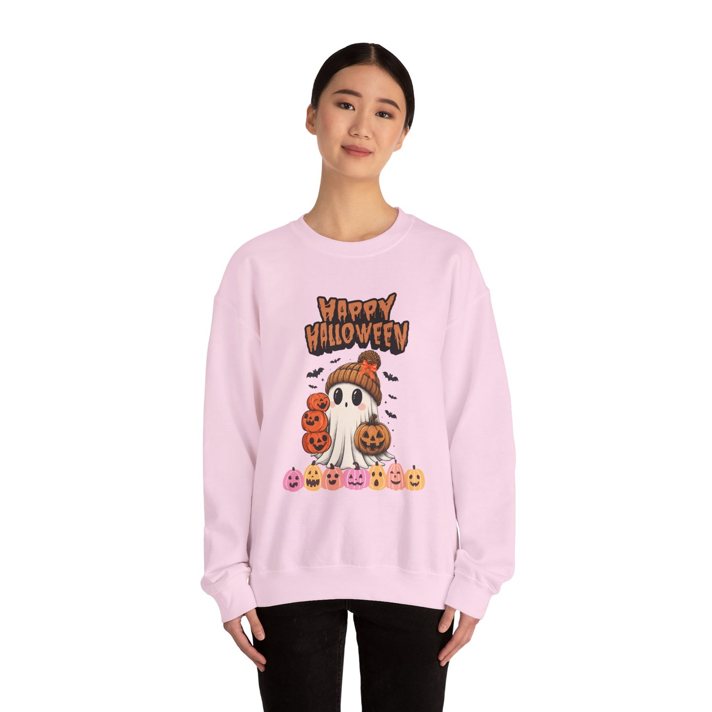 Cozy Halloween Sweatshirt, Unisex Crewneck with Ghost & Pumpkin Design, Fall Fashion, October Gifts, Spooky Season Apparel